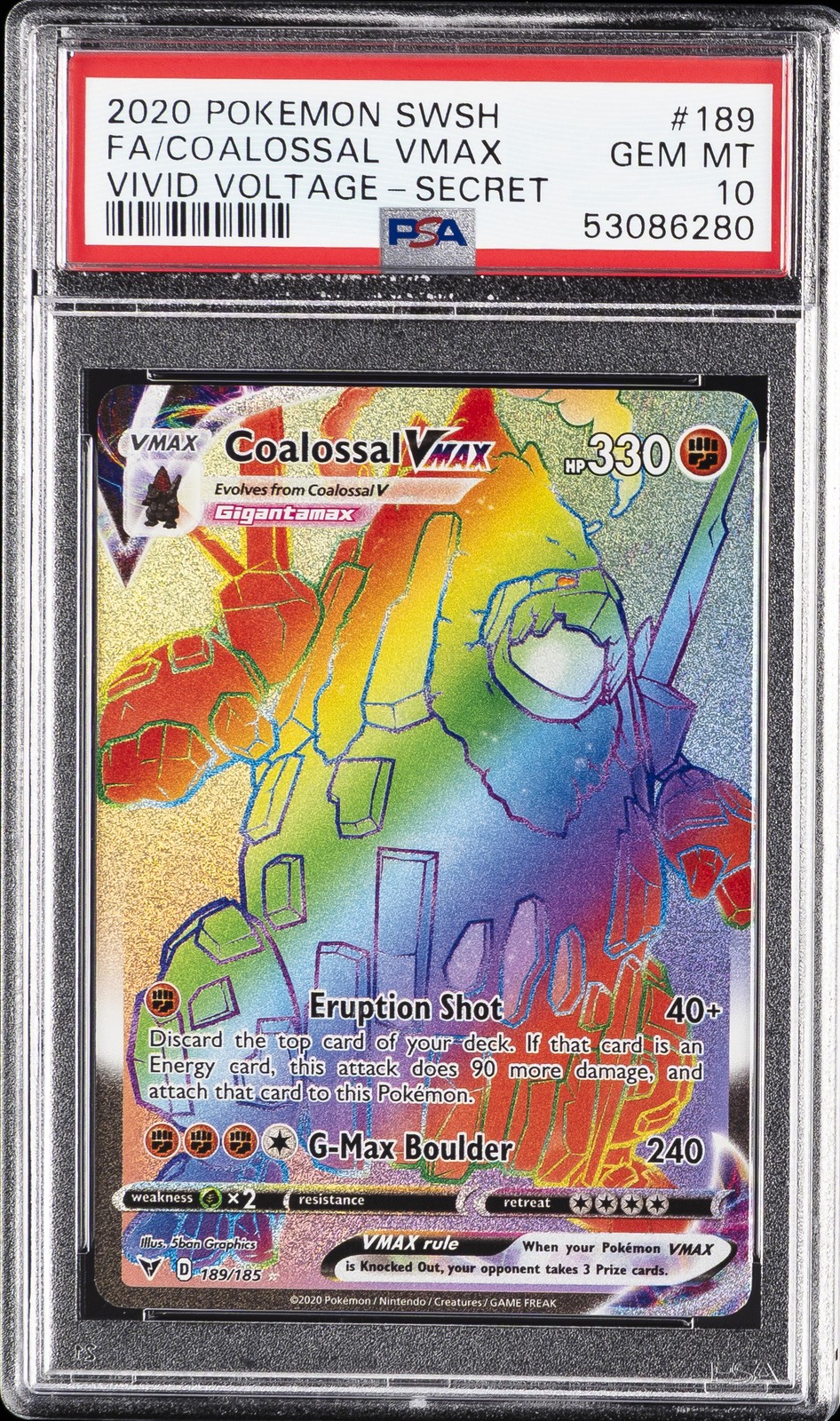2020 POKEMON SWORD & SHIELD VIVID VOLTAGE SECRET FULL ART/COALOSSAL VMAX PSA 10