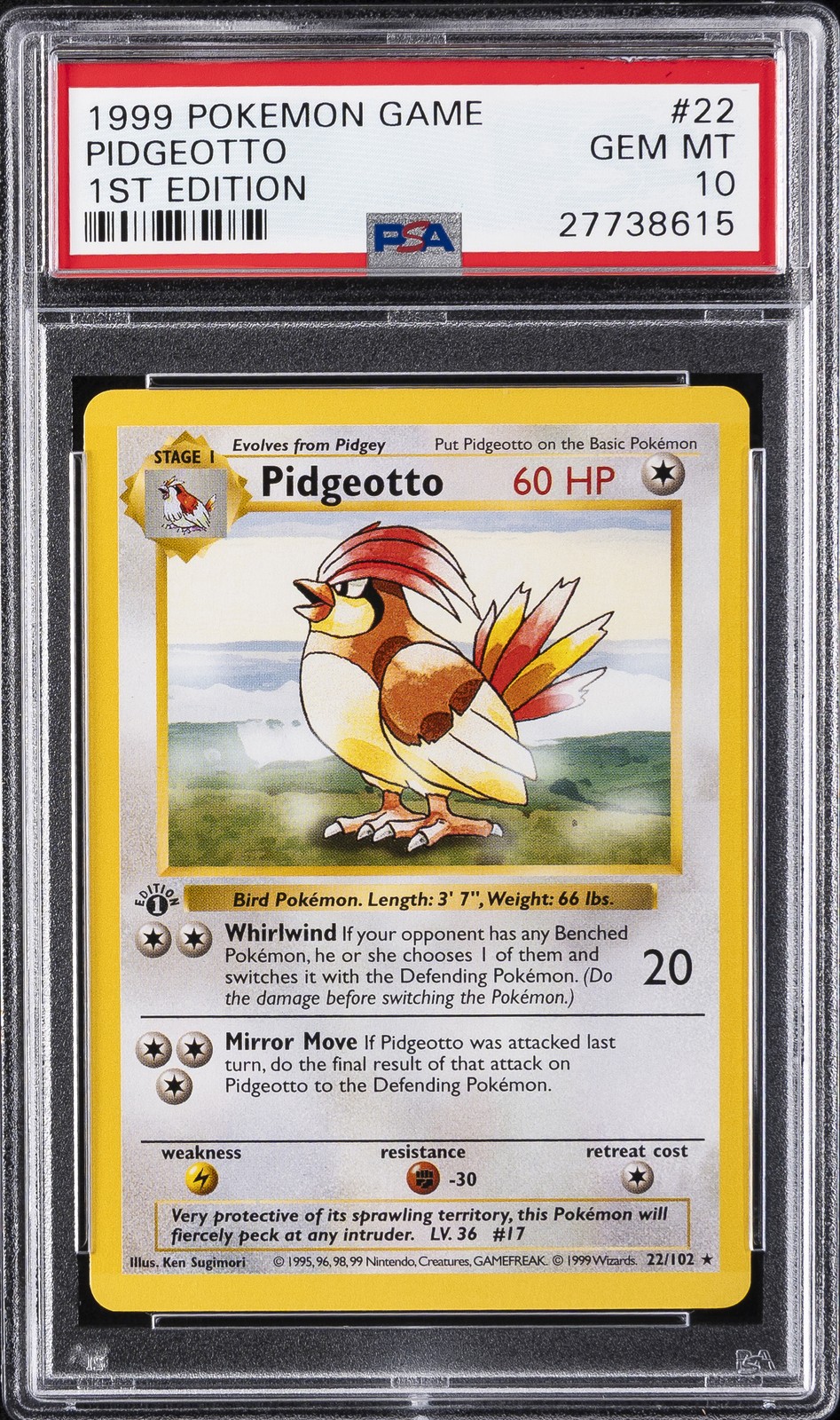 1999 POKEMON GAME 1ST ED #22 PIDGEOTTO PSA 10