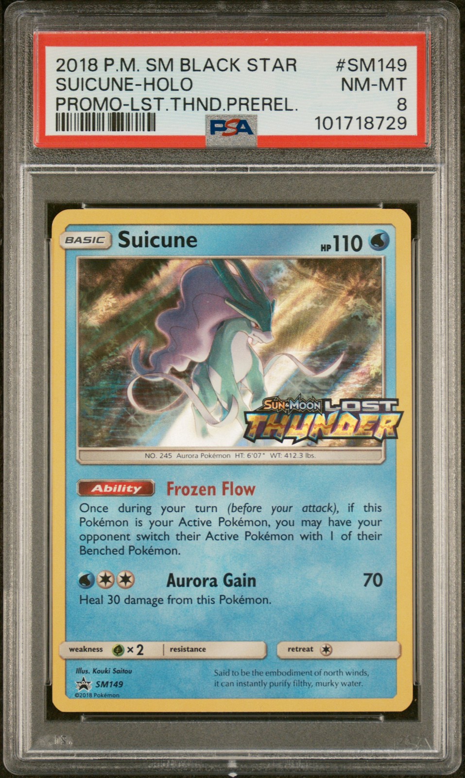 2018 POKEMON SM BLACK STAR PROMO LOST THUNDER PRERELEASE SUICUNE-HOLO PSA 8