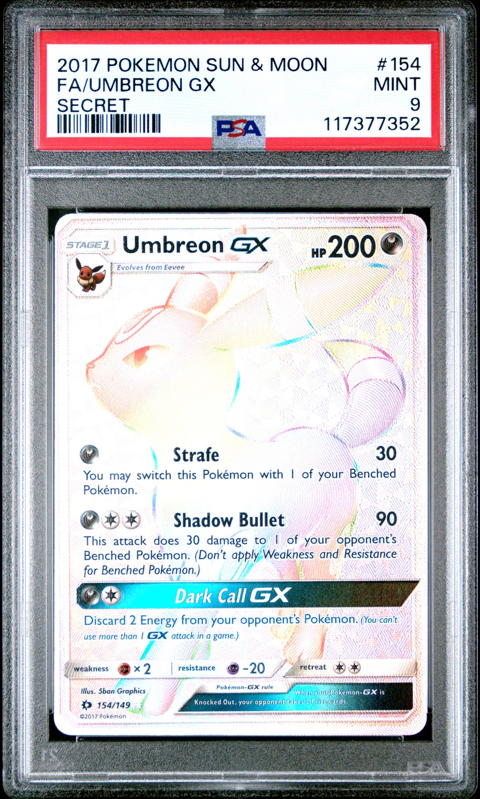2017 POKEMON SUN & MOON SECRET #154 FULL ART/UMBREON GX PSA 9