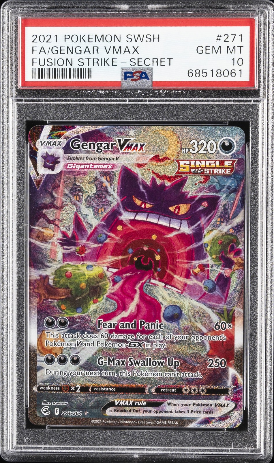 2021 POKEMON SWORD & SHIELD FUSION STRIKE SECRET FULL ART/GENGAR VMAX PSA 10