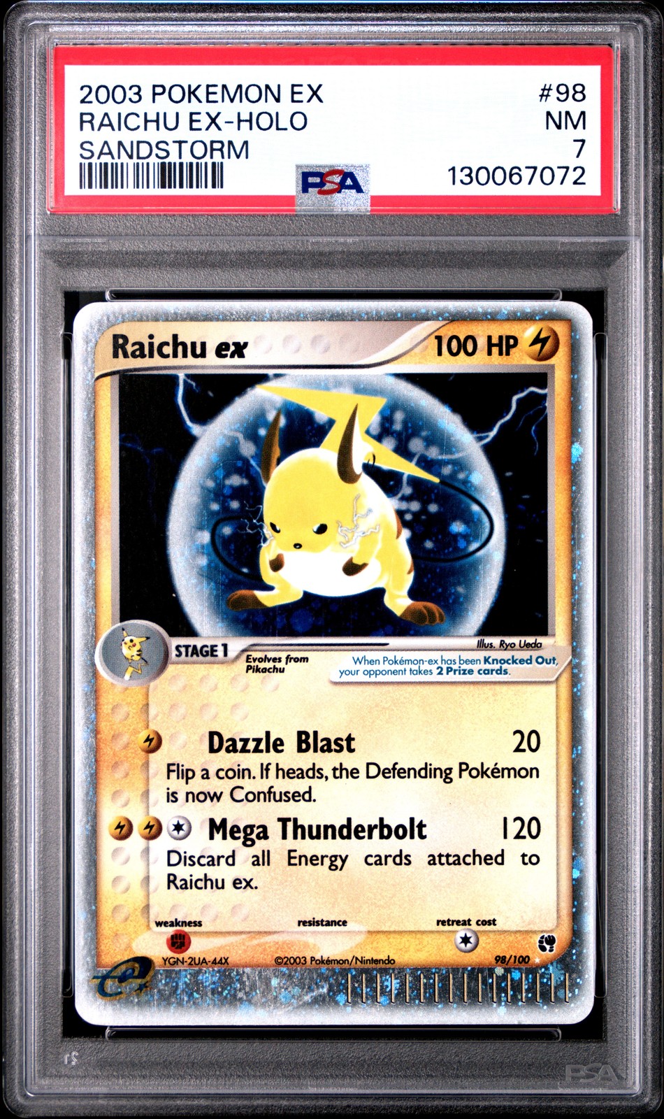 2003 POKEMON EX SANDSTORM #98 RAICHU EX-HOLO PSA 7