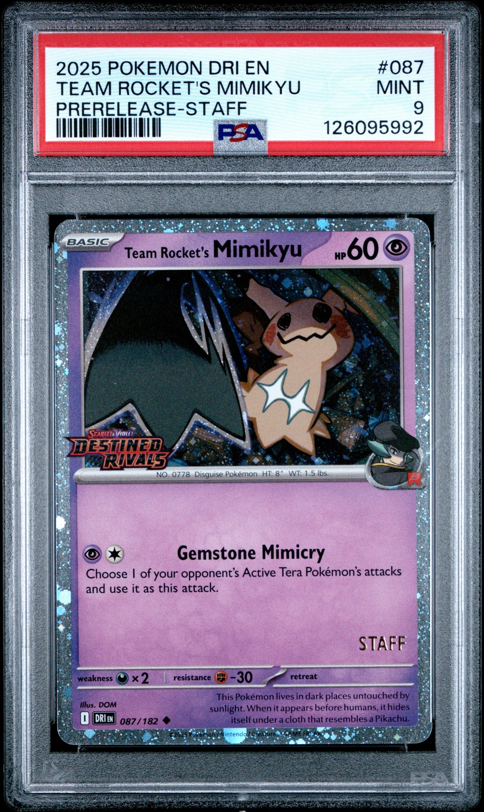 2025 POKEMON DRI EN-DESTINED RIVALS PRERELEASE-STAFF TEAM ROCKET'S MIMIKYU PSA 9
