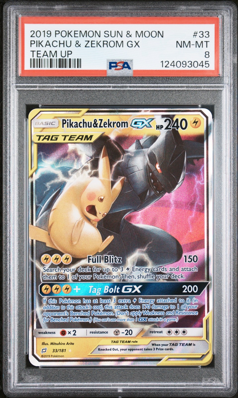 2019 POKEMON SUN & MOON TEAM UP #33 PIKACHU & ZEKROM GX PSA 8