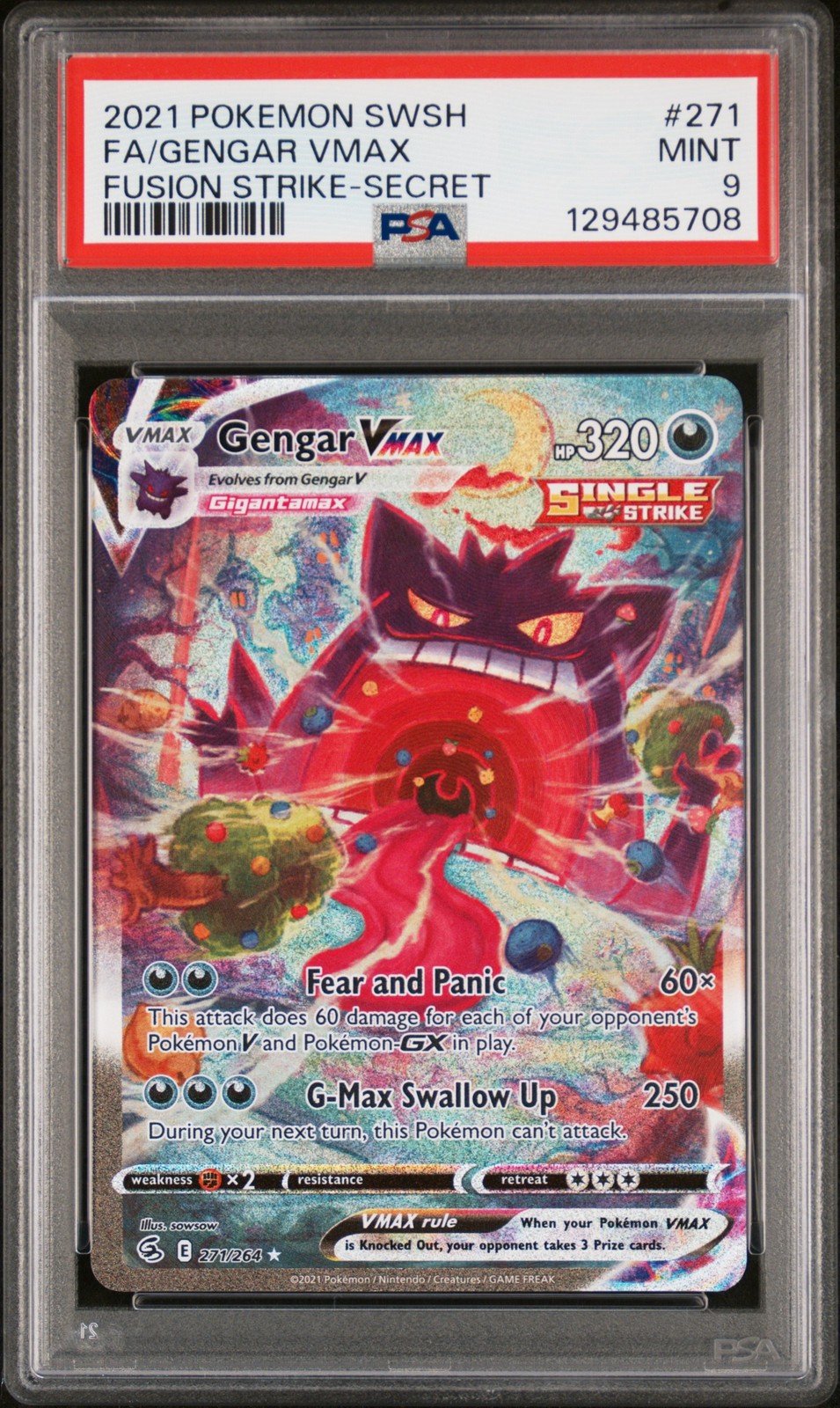 2021 POKEMON SWORD & SHIELD FUSION STRIKE SECRET #271 FULL ART/GENGAR VMAX PSA 9