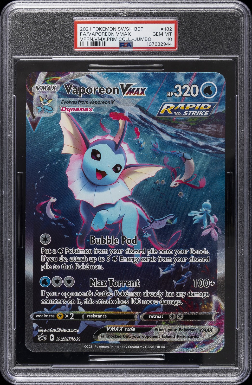 2021 POKEMON SWSH BLACK STAR PROMO #182 FULL ART/VAPOREON VMAX PSA 10