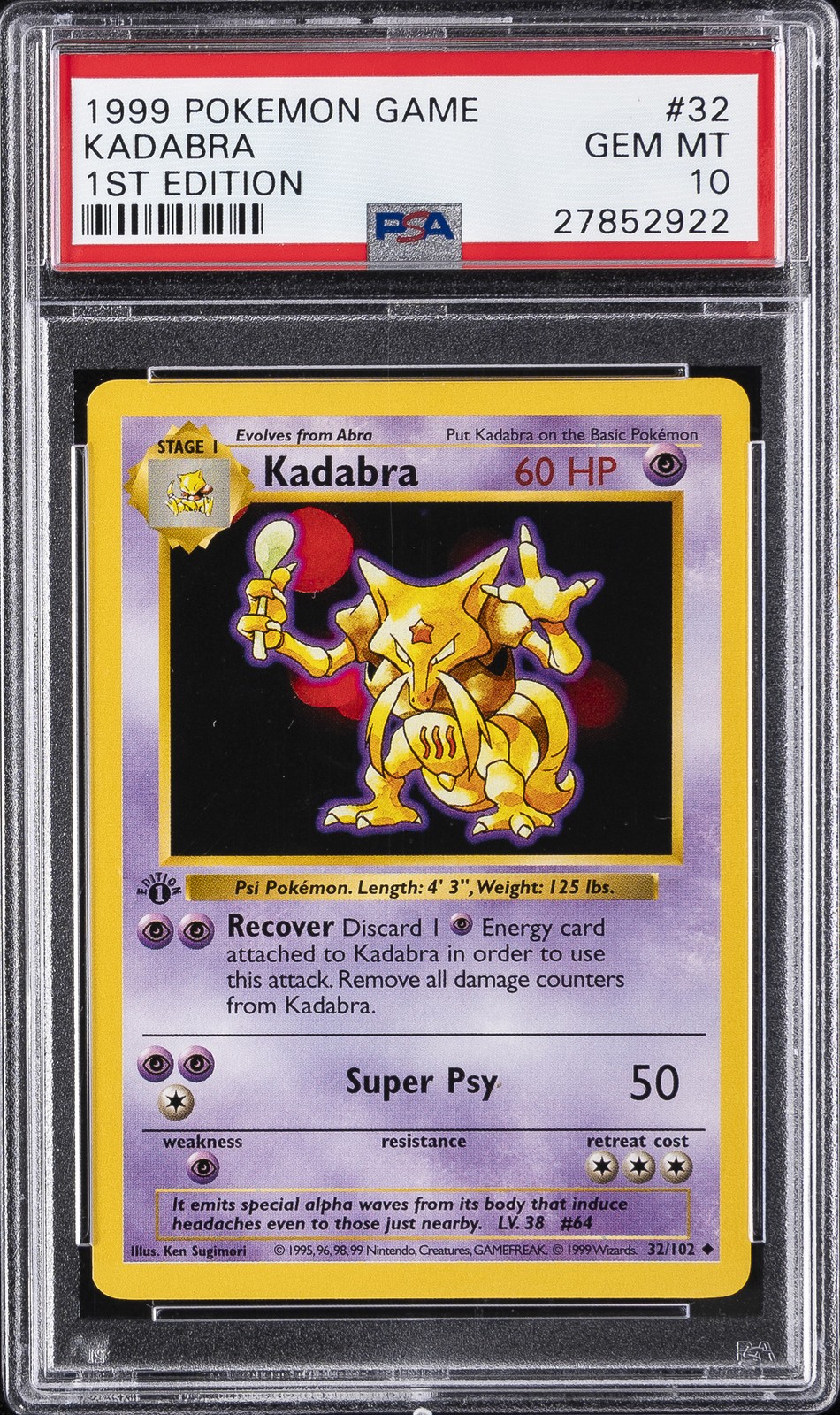 1999 POKEMON GAME 1ST ED #32 KADABRA PSA 10