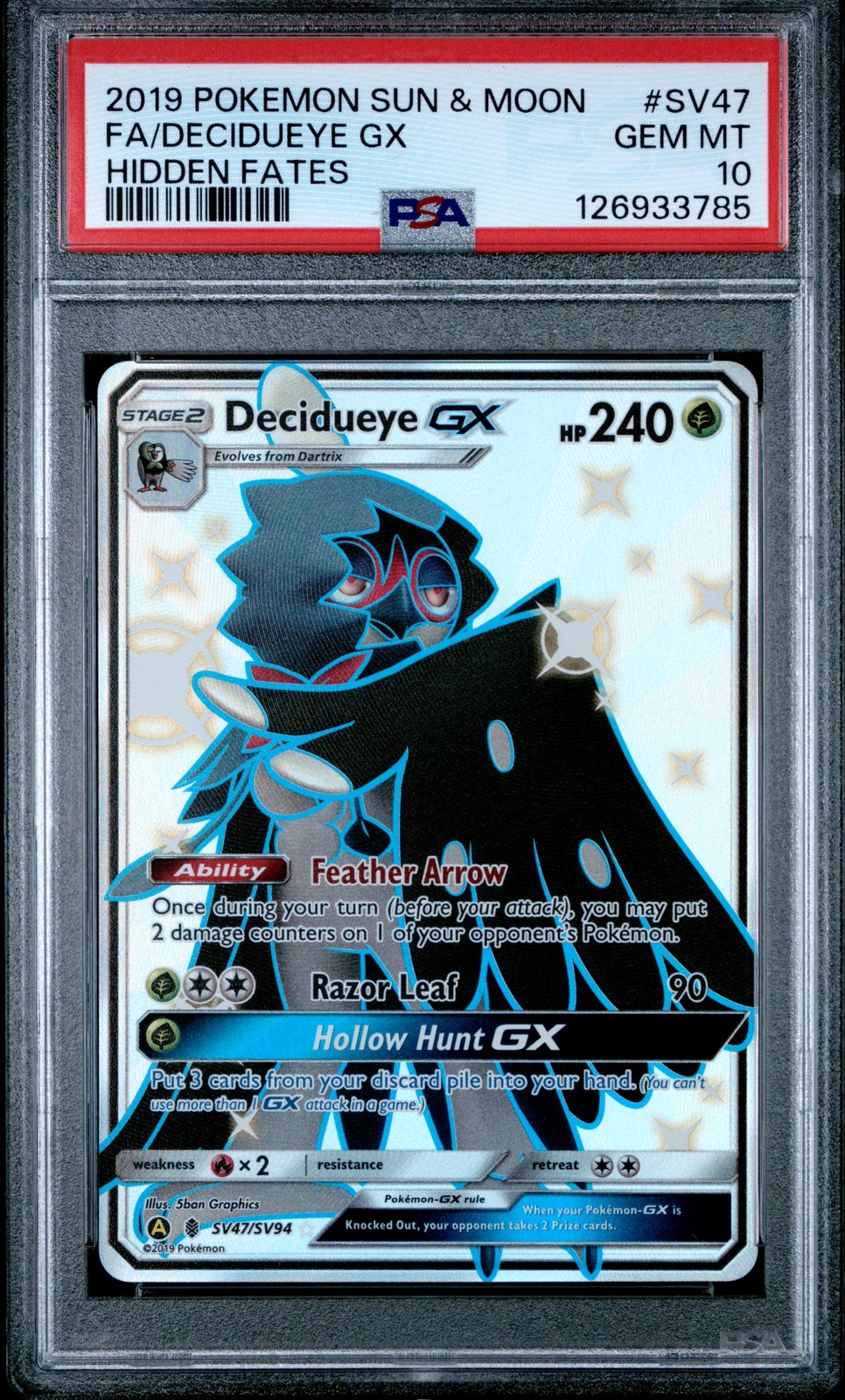 2019 POKEMON SUN & MOON HIDDEN FATES #SV47 FULL ART/DECIDUEYE GX PSA 10