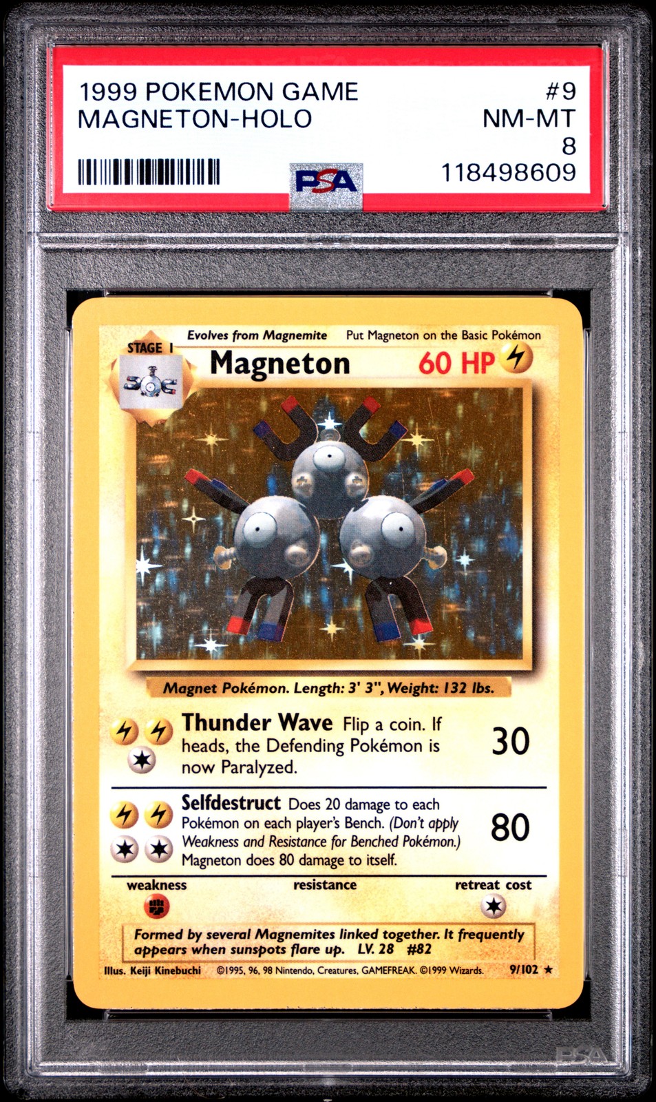 1999 POKEMON GAME #9 MAGNETON-HOLO PSA 8