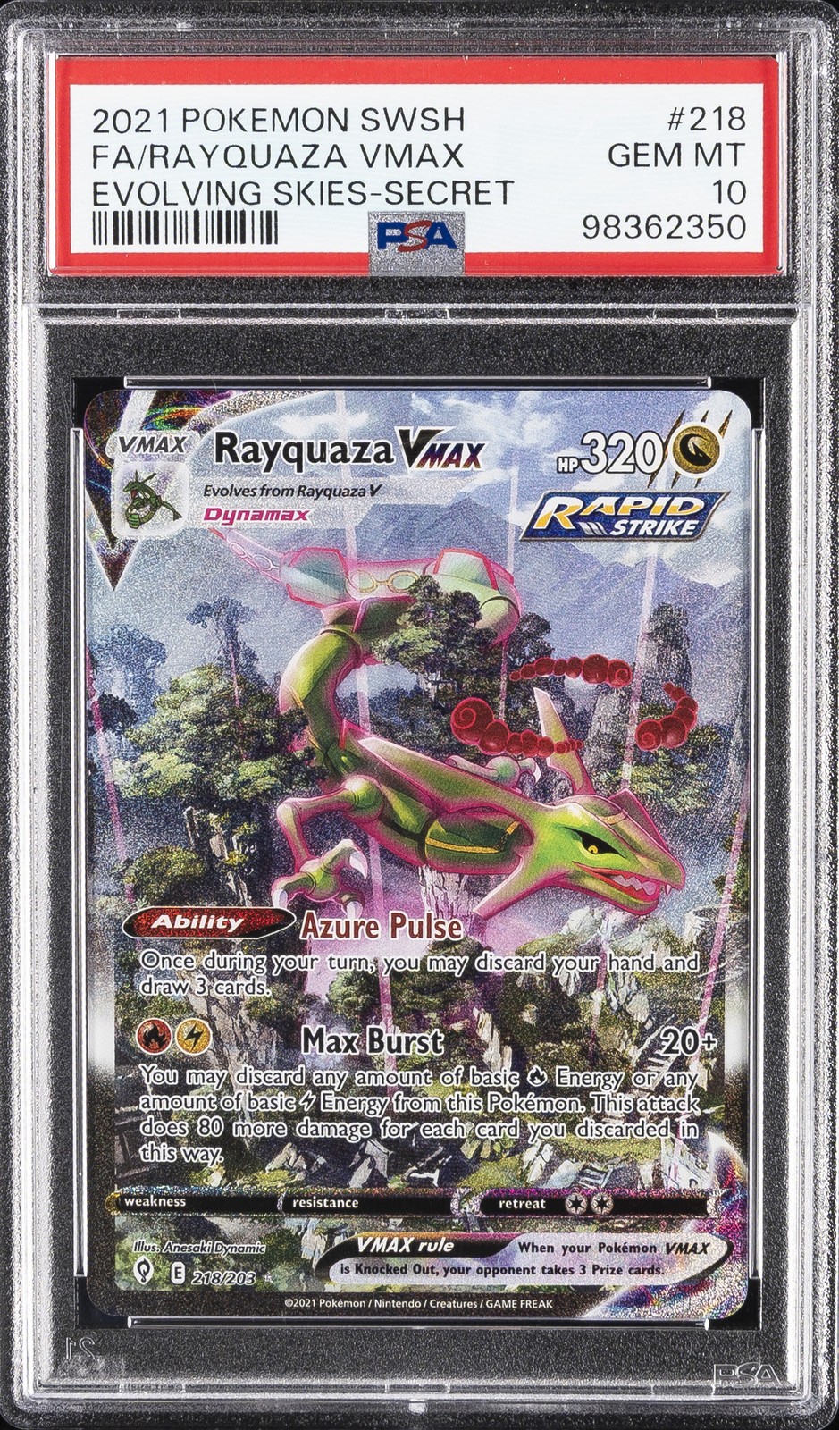 2021 POKEMON SWORD & SHIELD EVOLVING SKIES SECRET FULL ART/RAYQUAZA VMAX PSA 10