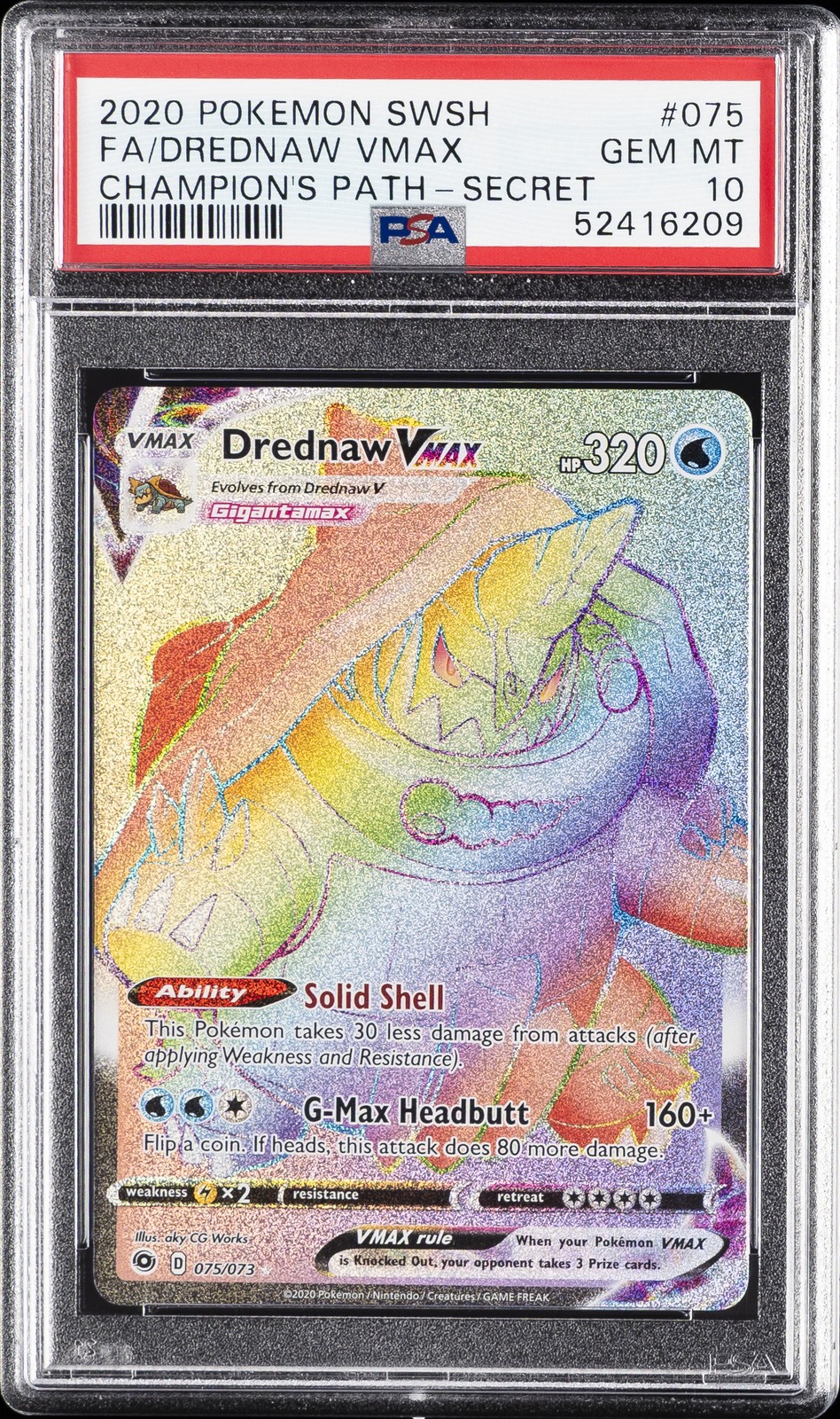 2020 POKEMON SWORD & SHIELD CHAMPION'S PATH SECRET FULL ART/DREDNAW VMAX PSA 10