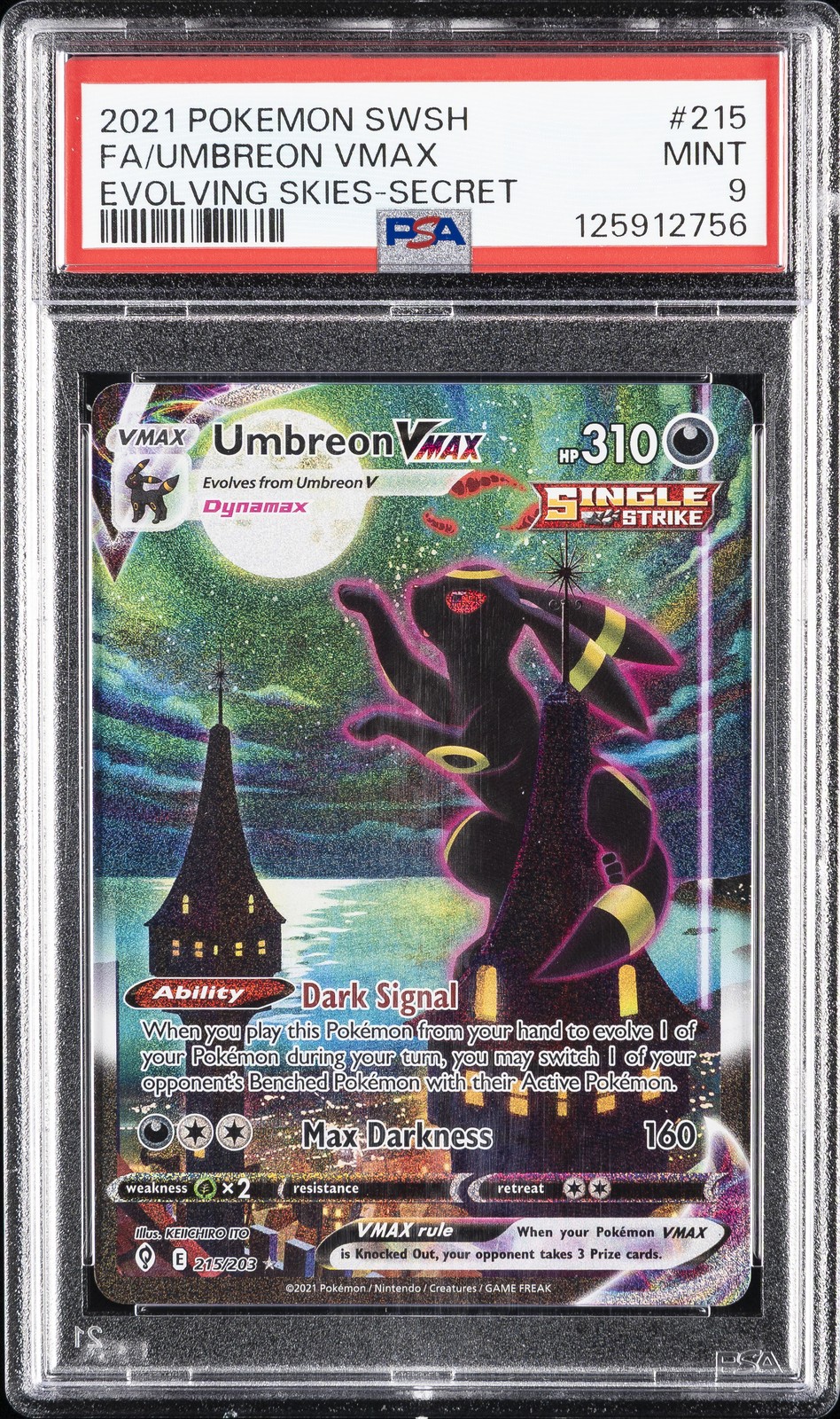 2021 POKEMON SWORD & SHIELD EVOLVING SKIES SECRET FULL ART/UMBREON VMAX PSA 9
