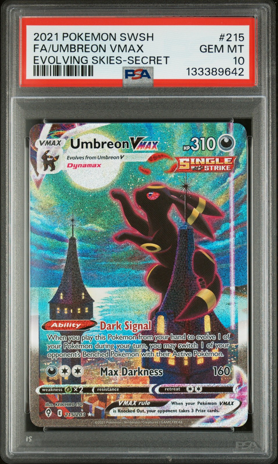 2021 POKEMON SWORD & SHIELD EVOLVING SKIES SECRET FULL ART/UMBREON VMAX PSA 10