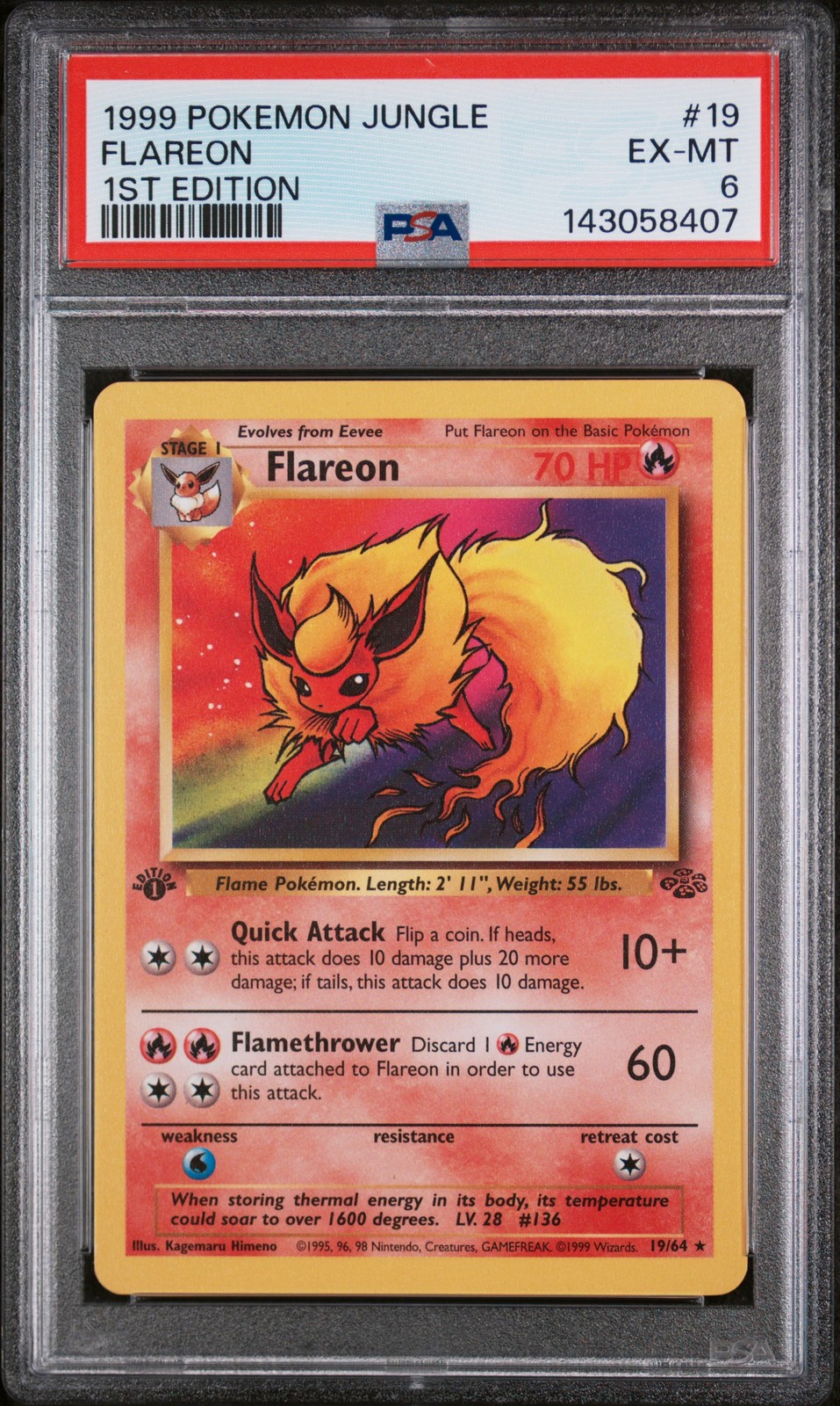 1999 POKEMON JUNGLE 1ST ED #19 FLAREON PSA 6