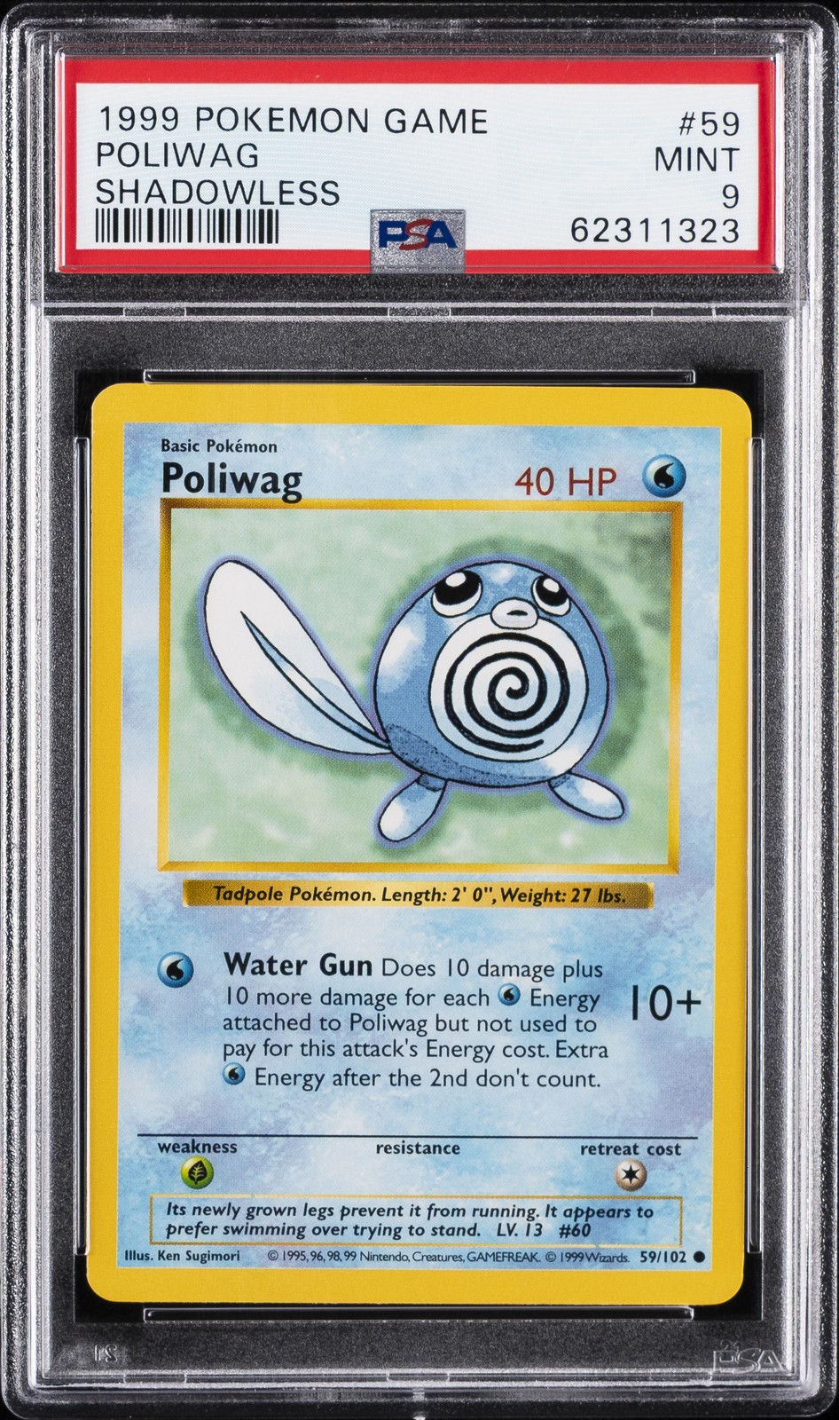 1999 POKEMON GAME SHADOWLESS #59 POLIWAG PSA 9