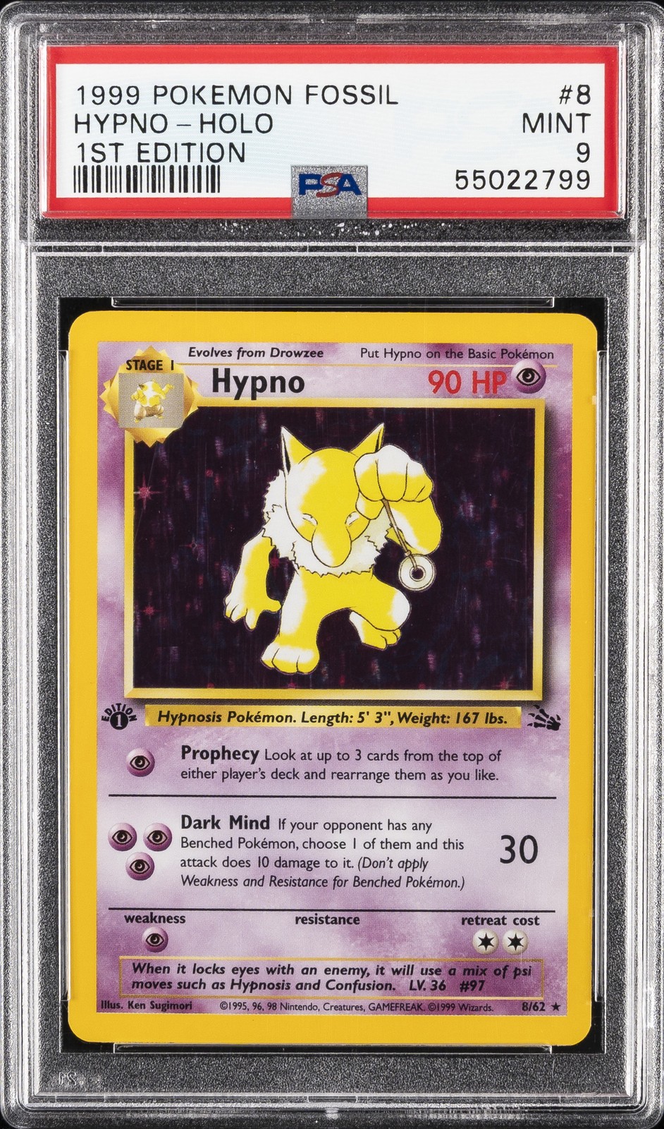 1999 POKEMON FOSSIL 1ST ED #8 HYPNO-HOLO PSA 9