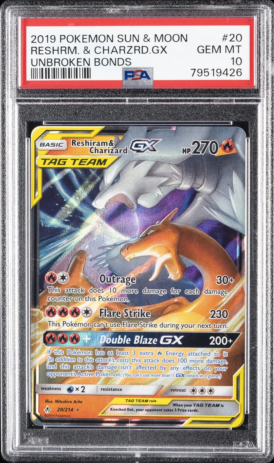 2019 POKEMON SUN & MOON UNBROKEN BONDS #20 RESHIRAM & CHARIZARD GX PSA 10