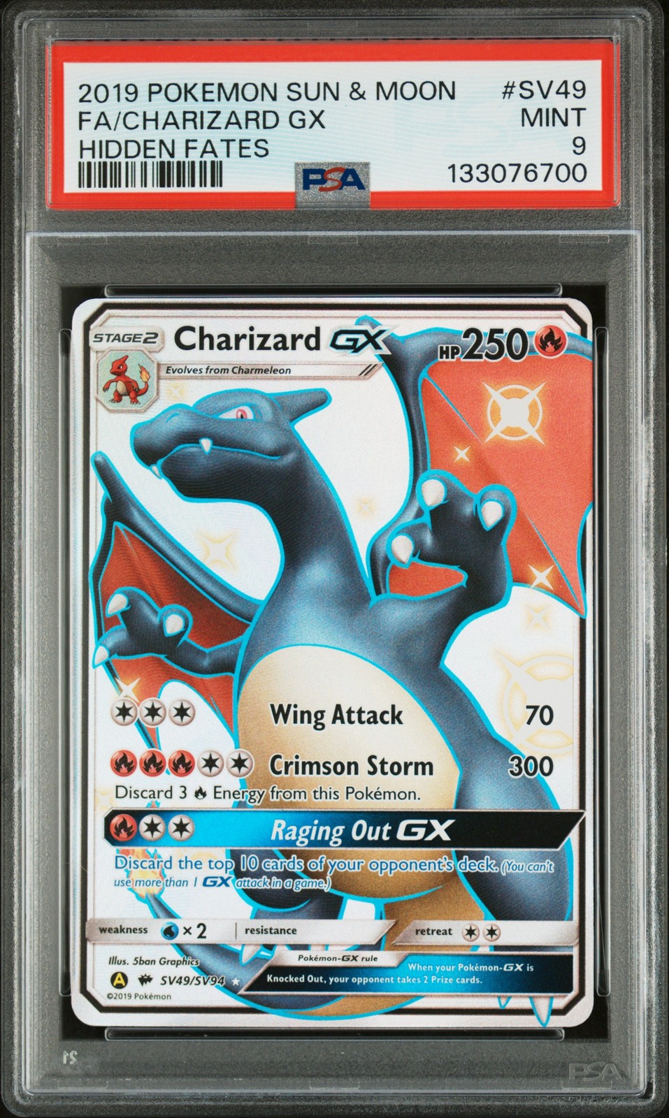 2019 POKEMON SUN & MOON HIDDEN FATES #SV49 FULL ART/CHARIZARD GX PSA 9