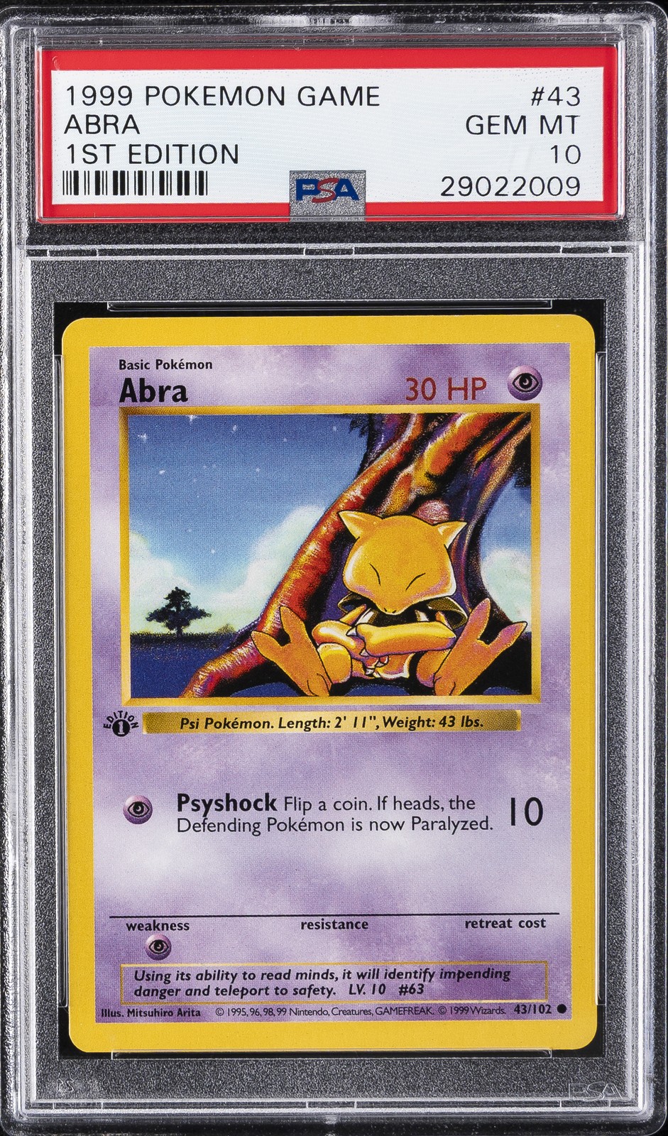 1999 POKEMON GAME 1ST ED #43 ABRA PSA 10