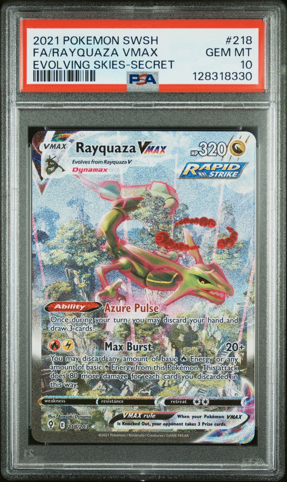 2021 POKEMON SWORD & SHIELD EVOLVING SKIES SECRET FULL ART/RAYQUAZA VMAX PSA 10