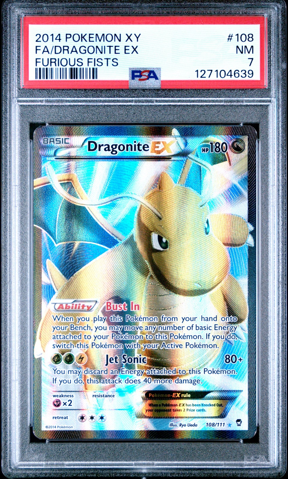 2014 POKEMON XY FURIOUS FISTS #108 FULL ART/DRAGONITE EX PSA 7