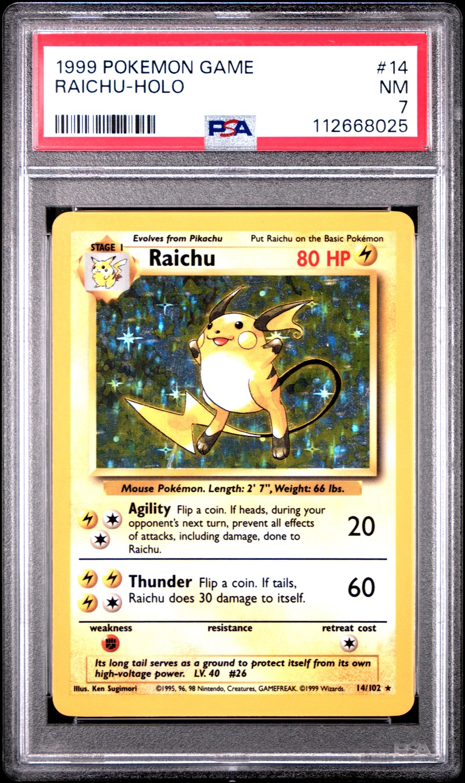 1999 POKEMON GAME #14 RAICHU-HOLO PSA 7