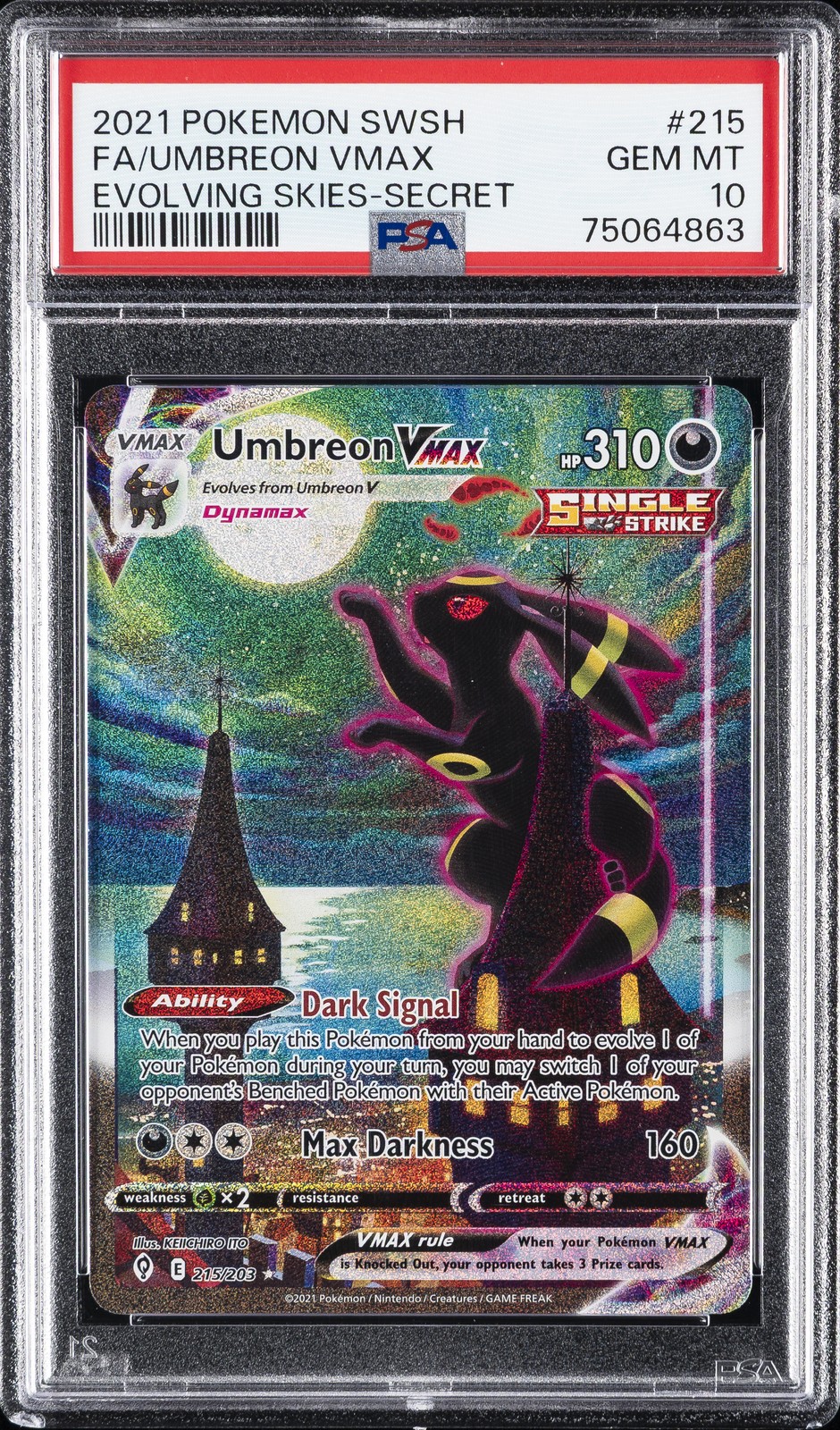 2021 POKEMON SWORD & SHIELD EVOLVING SKIES SECRET FULL ART/UMBREON VMAX PSA 10