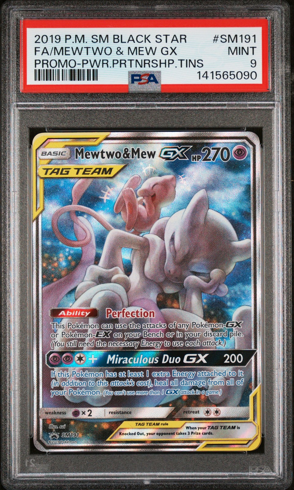 2019 POKEMON SM BLACK STAR PROMO #SM191 FULL ART/MEWTWO & MEW GX PSA 9