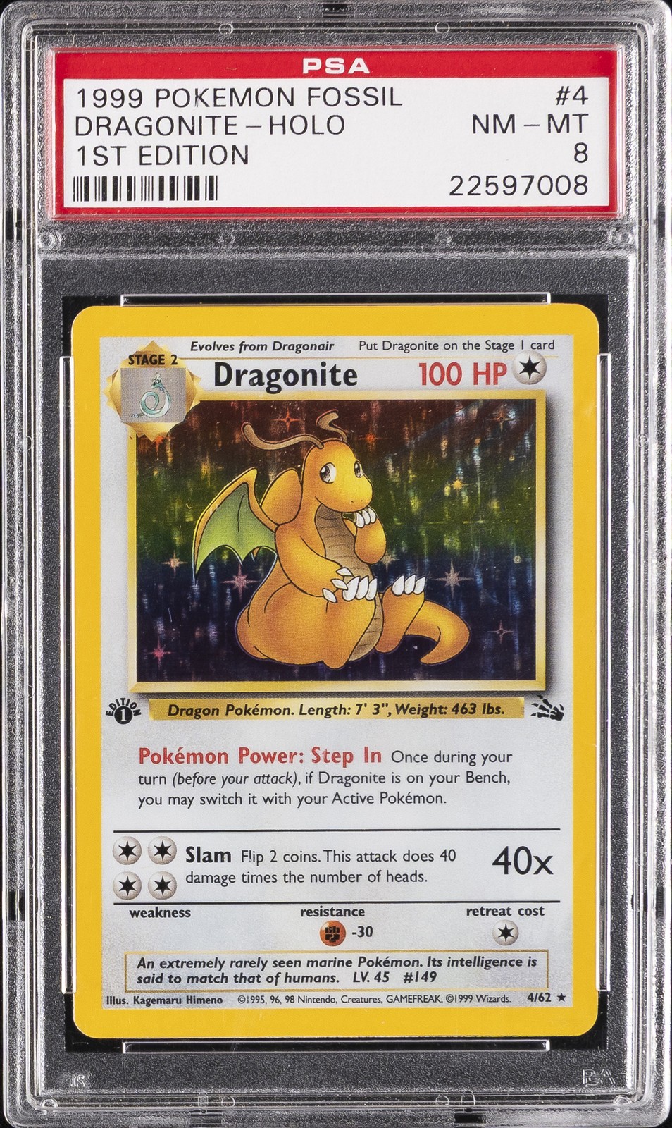 1999 POKEMON FOSSIL 1ST ED #4 DRAGONITE-HOLO PSA 8