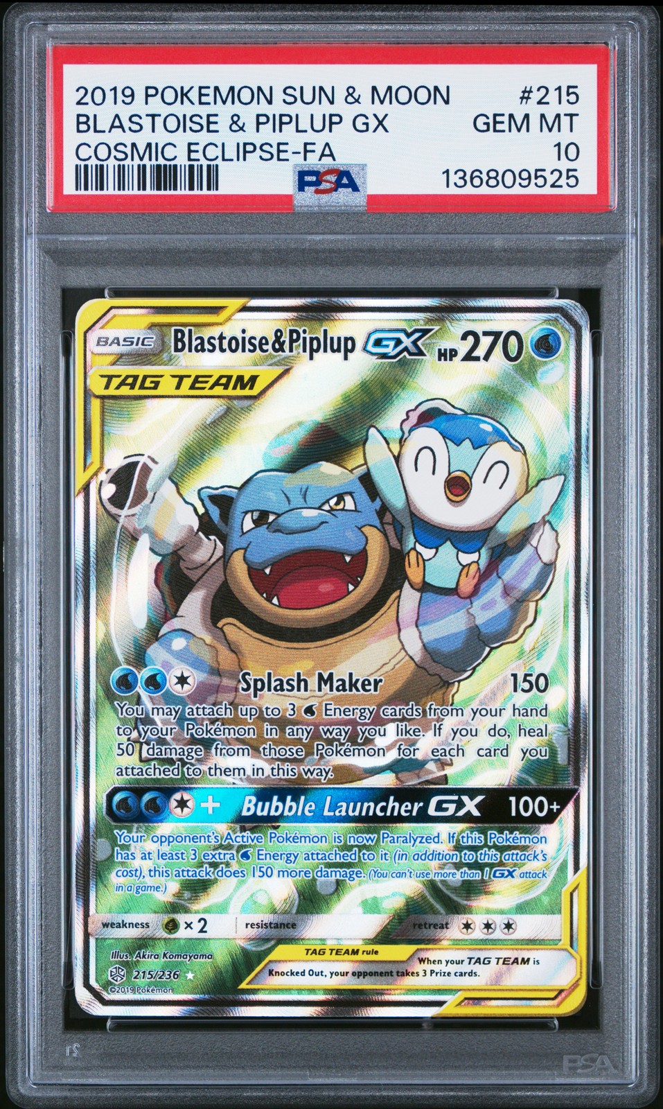 2019 POKEMON SUN & MOON COSMIC ECLIPSE FULL ART/BLASTOISE & PIPLUP GX PSA 10