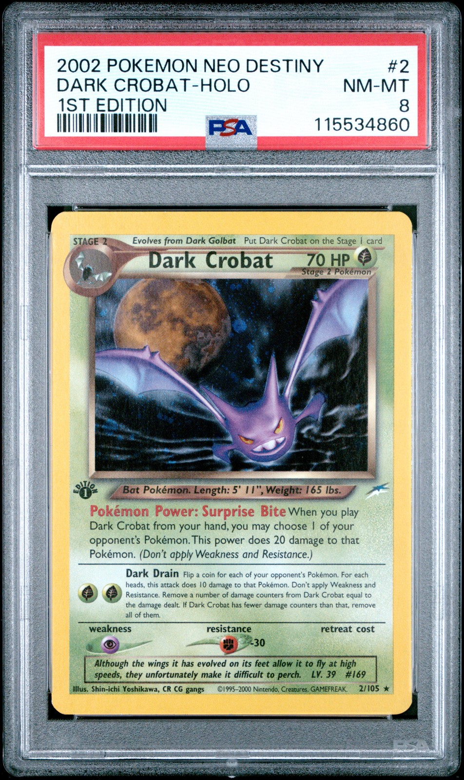 2002 POKEMON NEO DESTINY 1ST ED #2 DARK CROBAT-HOLO PSA 8
