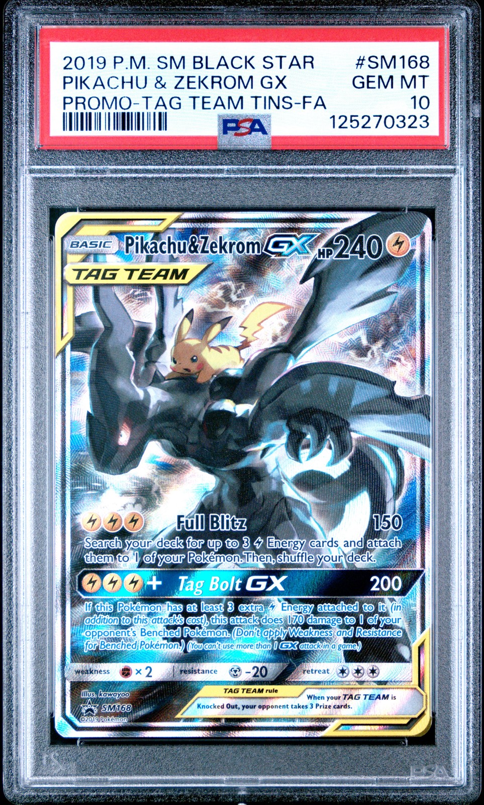 2019 POKEMON SM BLACK STAR PROMO #SM168 FULL ART/PIKACHU & ZEKROM GX PSA 10