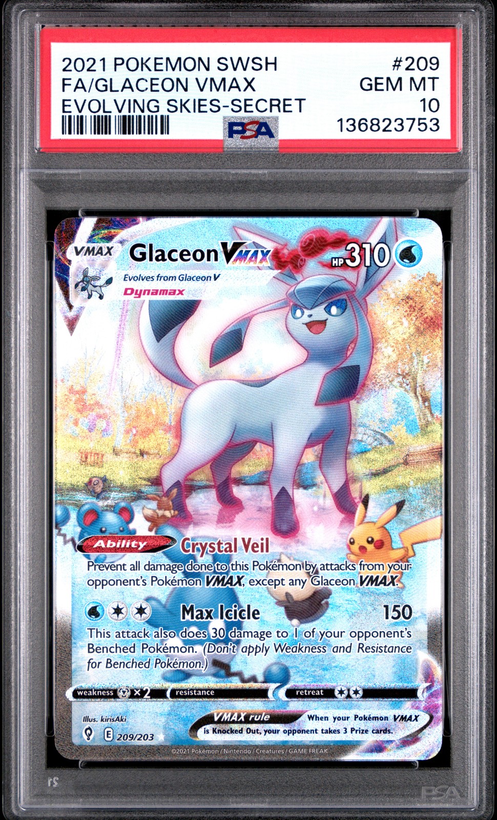 2021 POKEMON SWORD & SHIELD EVOLVING SKIES SECRET FULL ART/GLACEON VMAX PSA 10