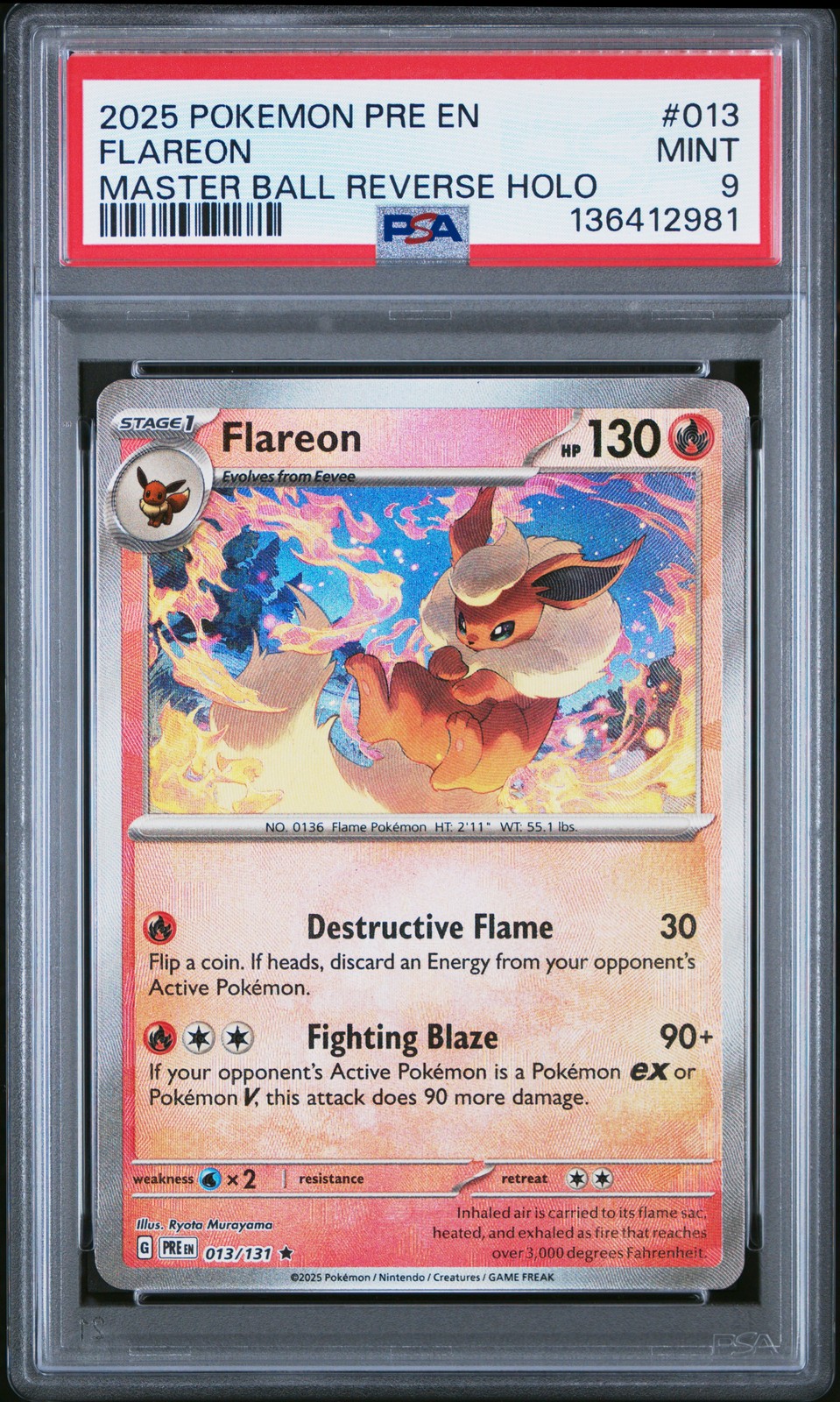 2025 POKEMON PRE EN-PRISMATIC EVOLUTIONS MASTER BALL REVERSE HOLO FLAREON PSA 9