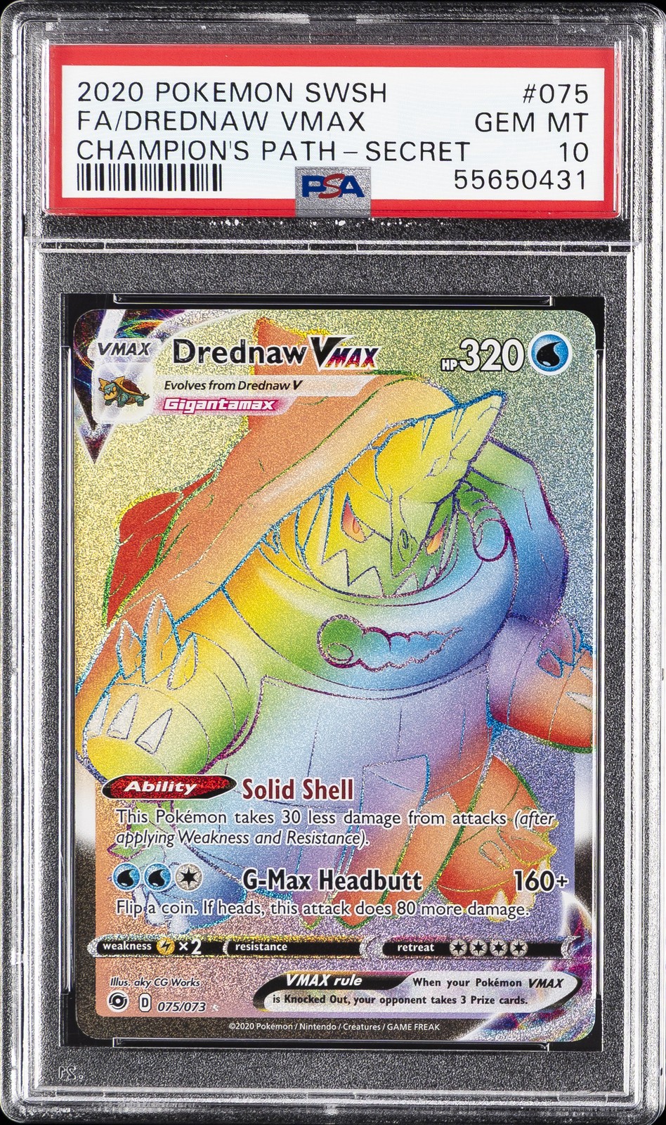 2020 POKEMON SWORD & SHIELD CHAMPION'S PATH SECRET FULL ART/DREDNAW VMAX PSA 10