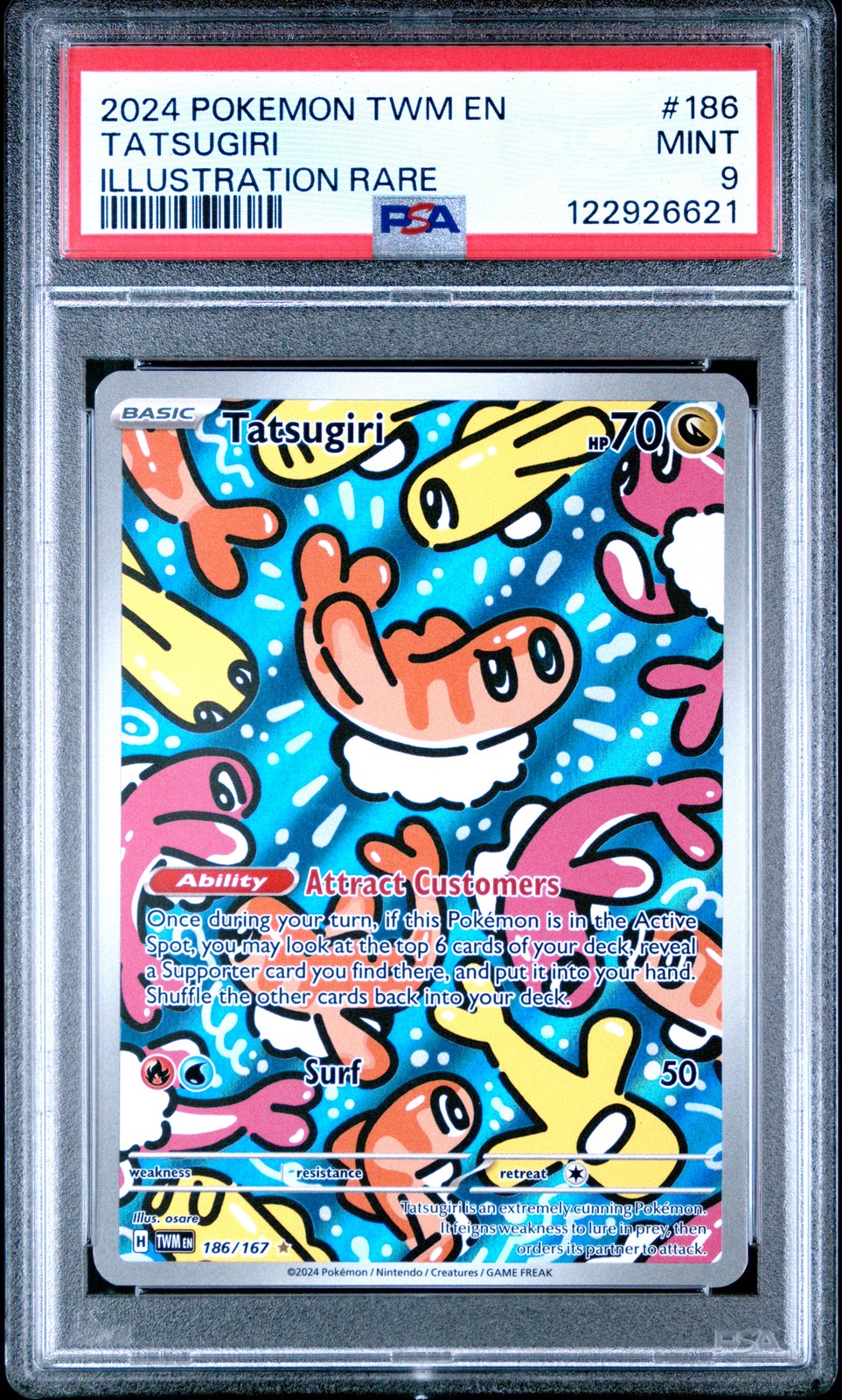 2024 POKEMON TWM EN-TWILIGHT MASQUERADE ILLUSTRATION RARE #186 TATSUGIRI PSA 9 - Image 1