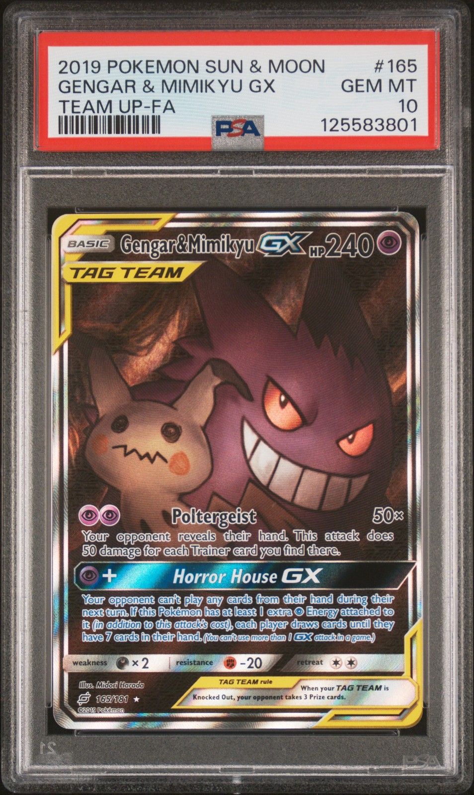 2019 POKEMON SUN & MOON TEAM UP #165 FULL ART/GENGAR & MIMIKYU GX PSA 10