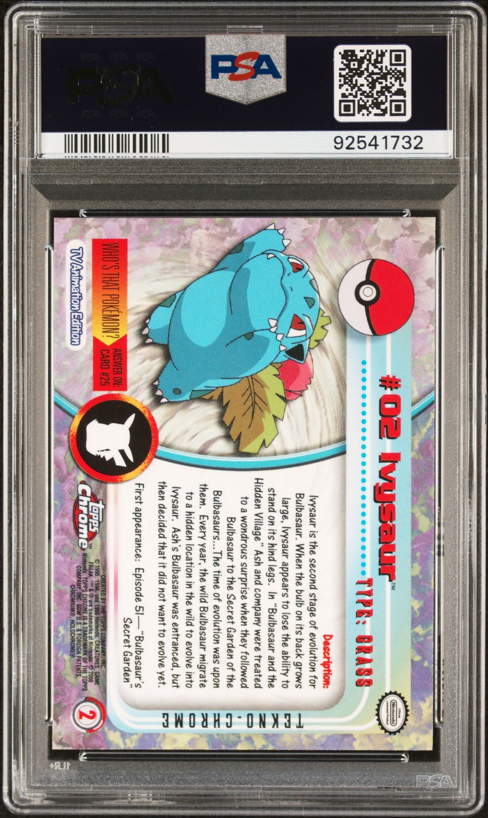2000 TOPPS CHROME POKEMON T.V. TEKNO #2 IVYSAUR PSA 10 - Image 3
