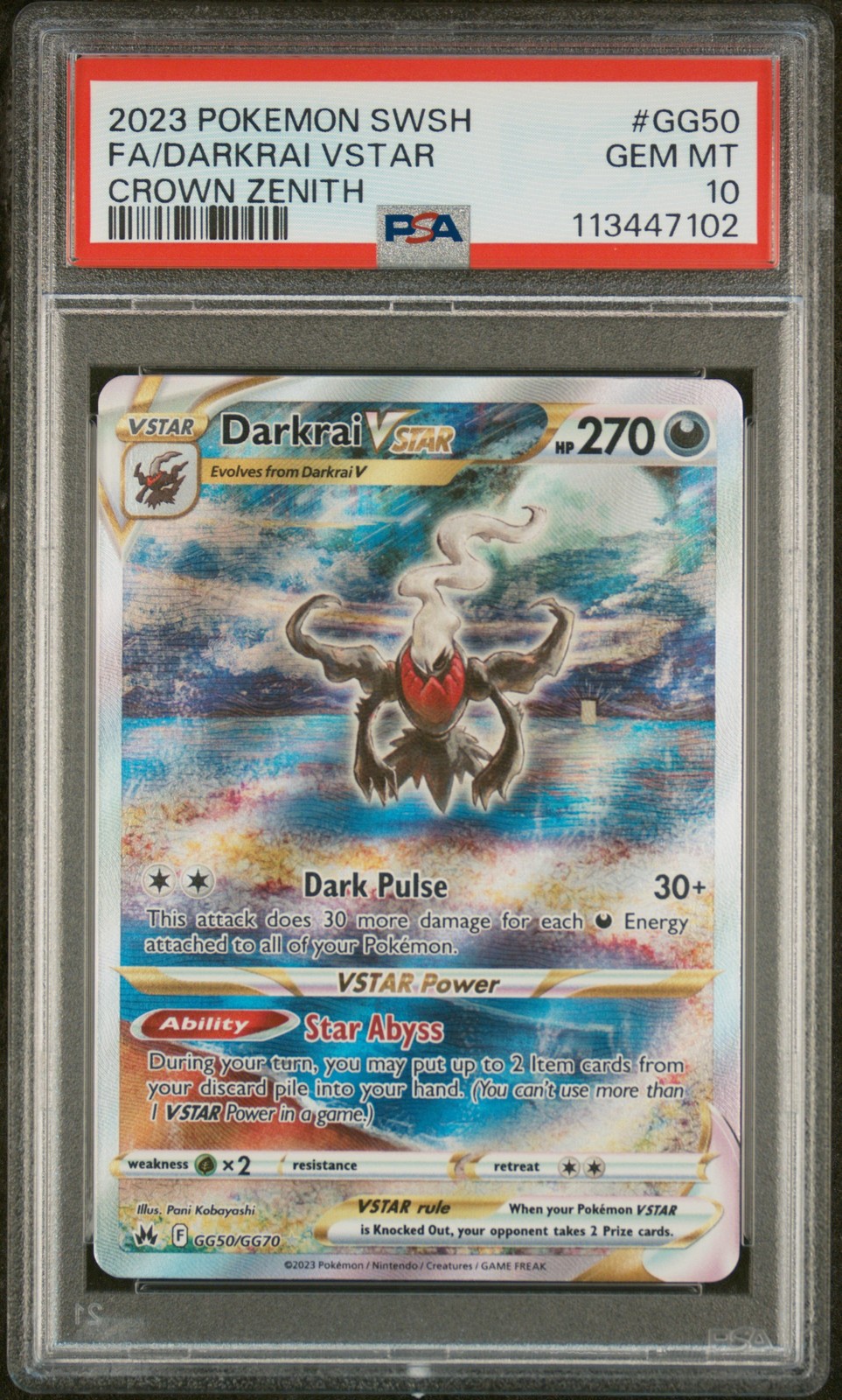 2023 POKEMON SWORD & SHIELD CROWN ZENITH #GG50 FULL ART/DARKRAI VSTAR PSA 10
