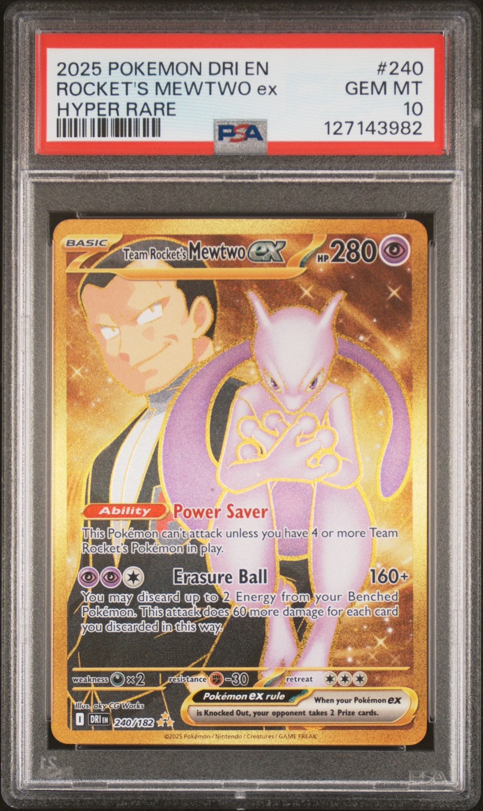2025 POKEMON DRI EN-DESTINED RIVALS HYPER RARE TEAM ROCKET'S MEWTWO EX PSA 10