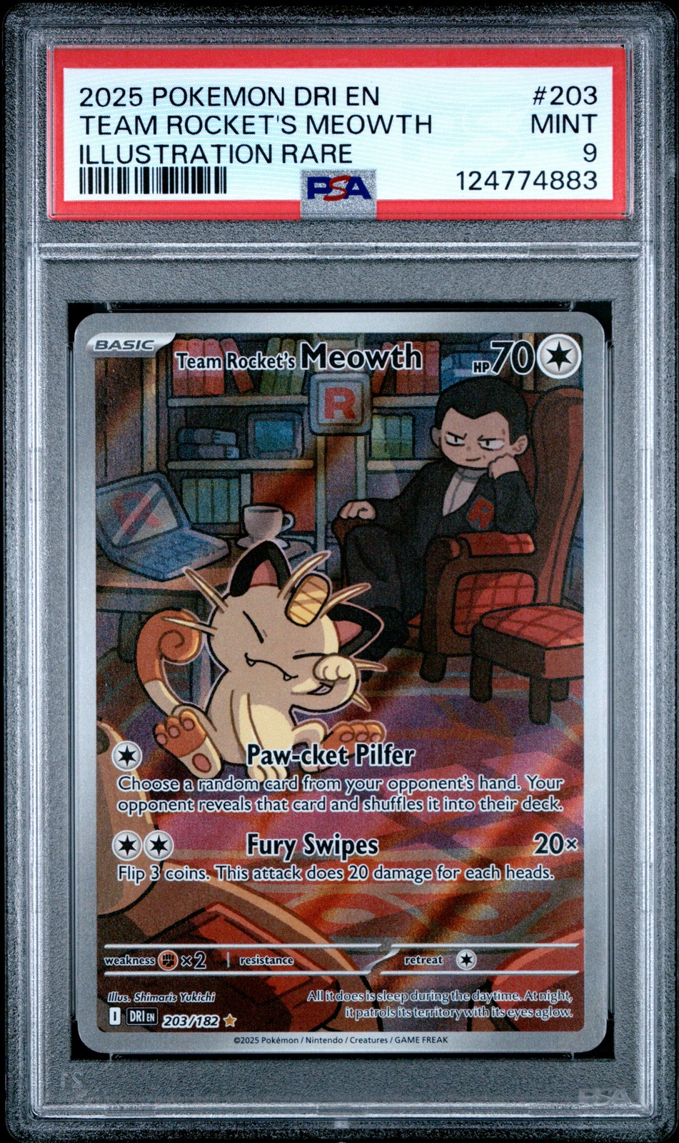 2025 POKEMON DRI EN-DESTINED RIVALS ILLUSTRATION RARE TEAM ROCKET'S MEOWTH PSA 9 - Image 1