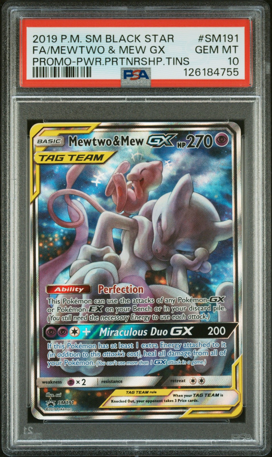 2019 POKEMON SM BLACK STAR PROMO #SM191 FULL ART/MEWTWO & MEW GX PSA 10 - Image 1