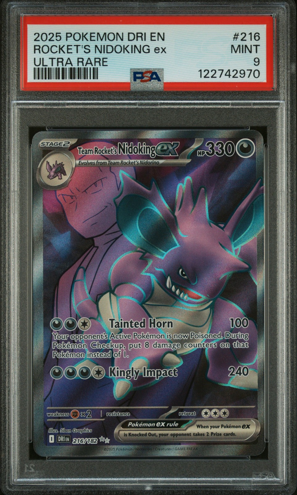 2025 POKEMON DRI EN-DESTINED RIVALS ULTRA RARE TEAM ROCKET'S NIDOKING EX PSA 9