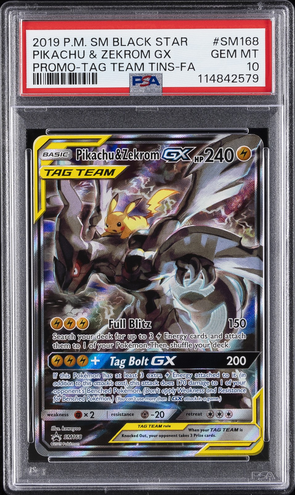 2019 POKEMON SM BLACK STAR PROMO #SM168 FULL ART/PIKACHU & ZEKROM GX PSA 10