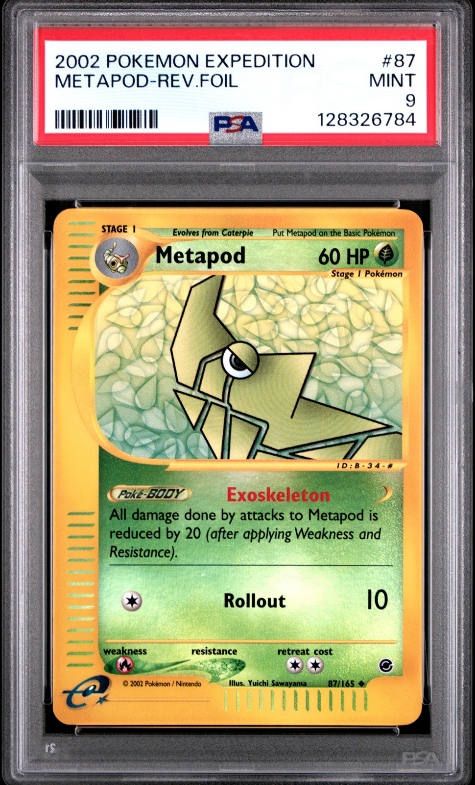 2002 POKEMON EXPEDITION #87 METAPOD-REVERSE FOIL PSA 9
