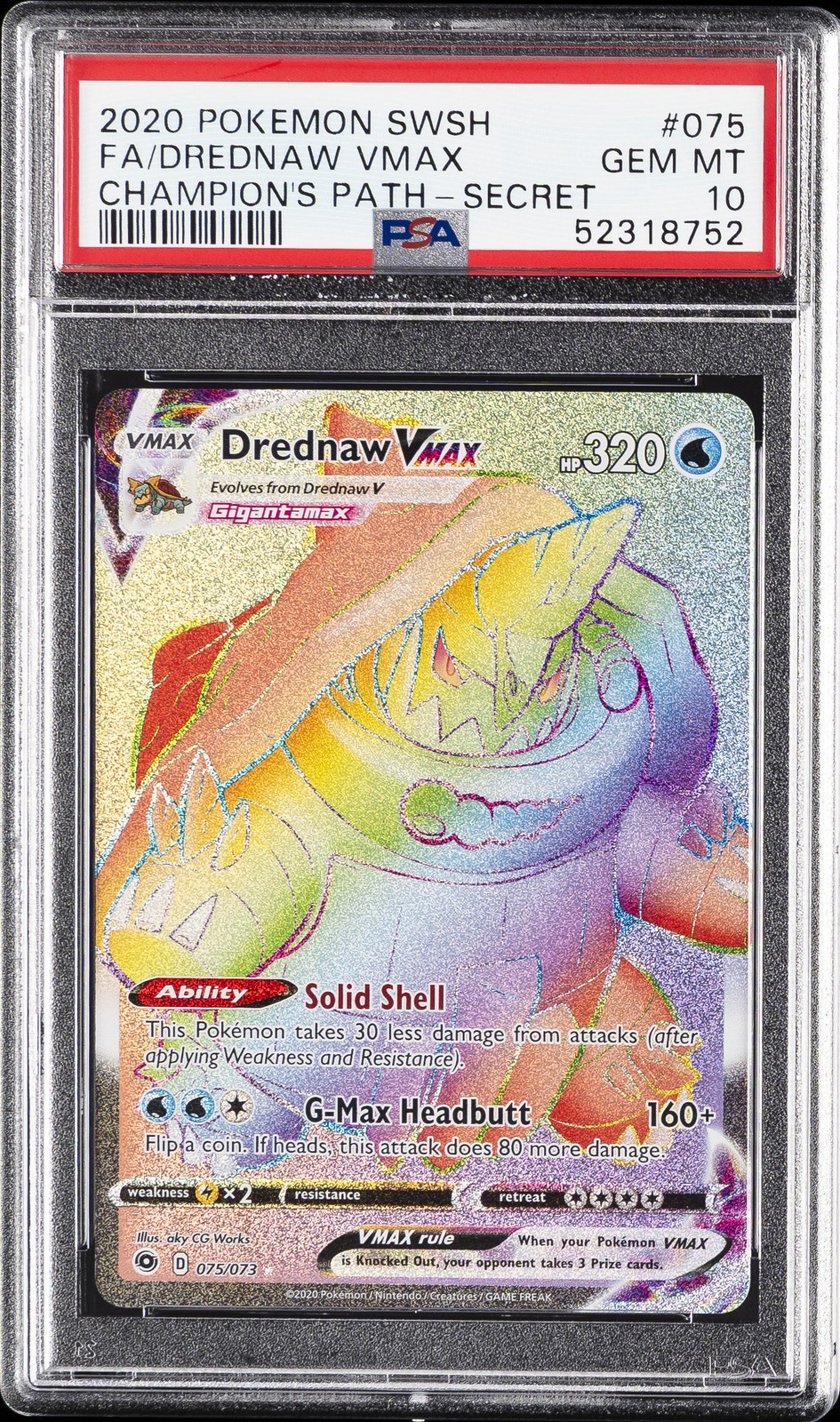 2020 POKEMON SWORD & SHIELD CHAMPION'S PATH SECRET FULL ART/DREDNAW VMAX PSA 10