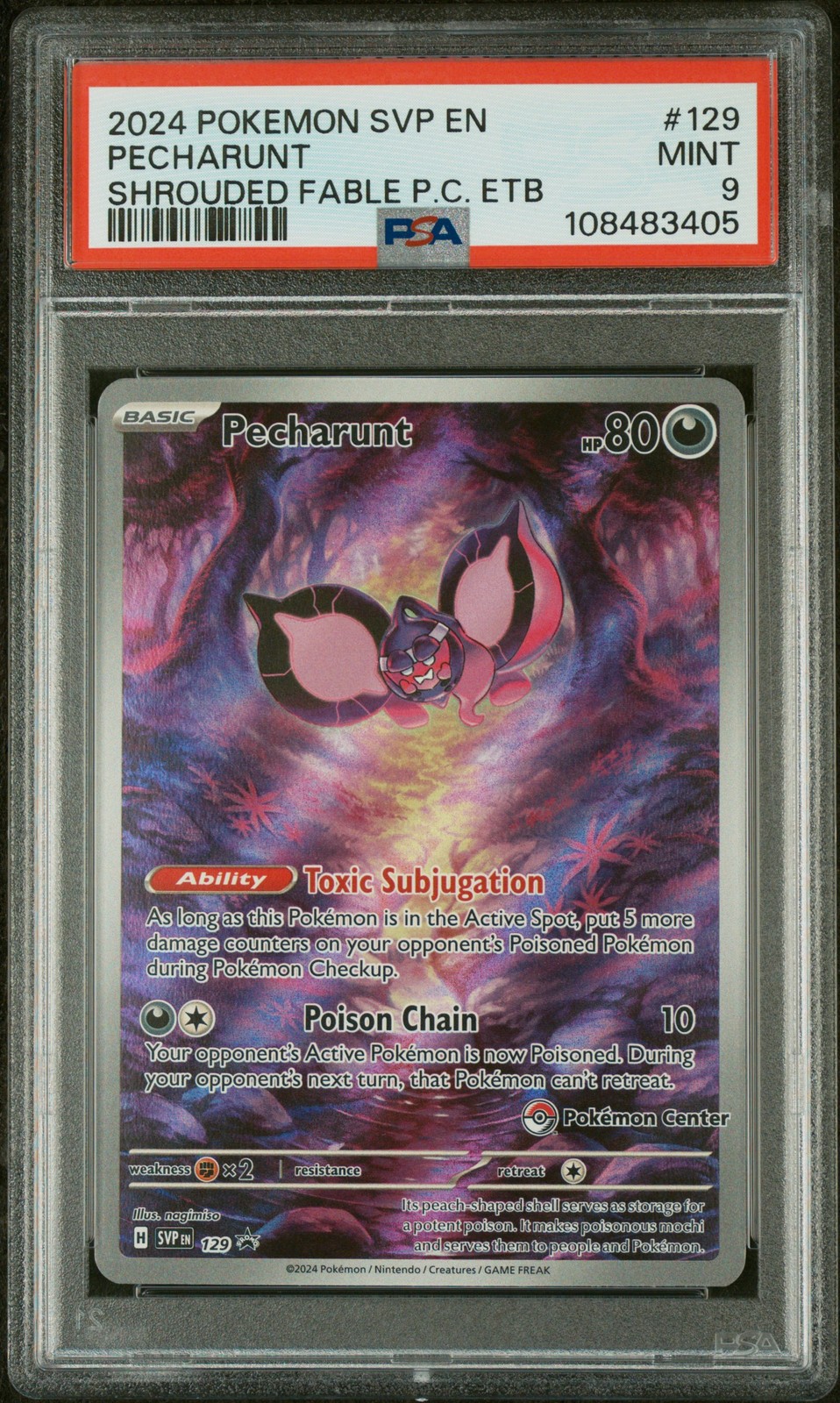2024 POKEMON SHROUDED FABLE POKEMON CENTER ETB PROMO #129 PECHARUNT PSA 9
