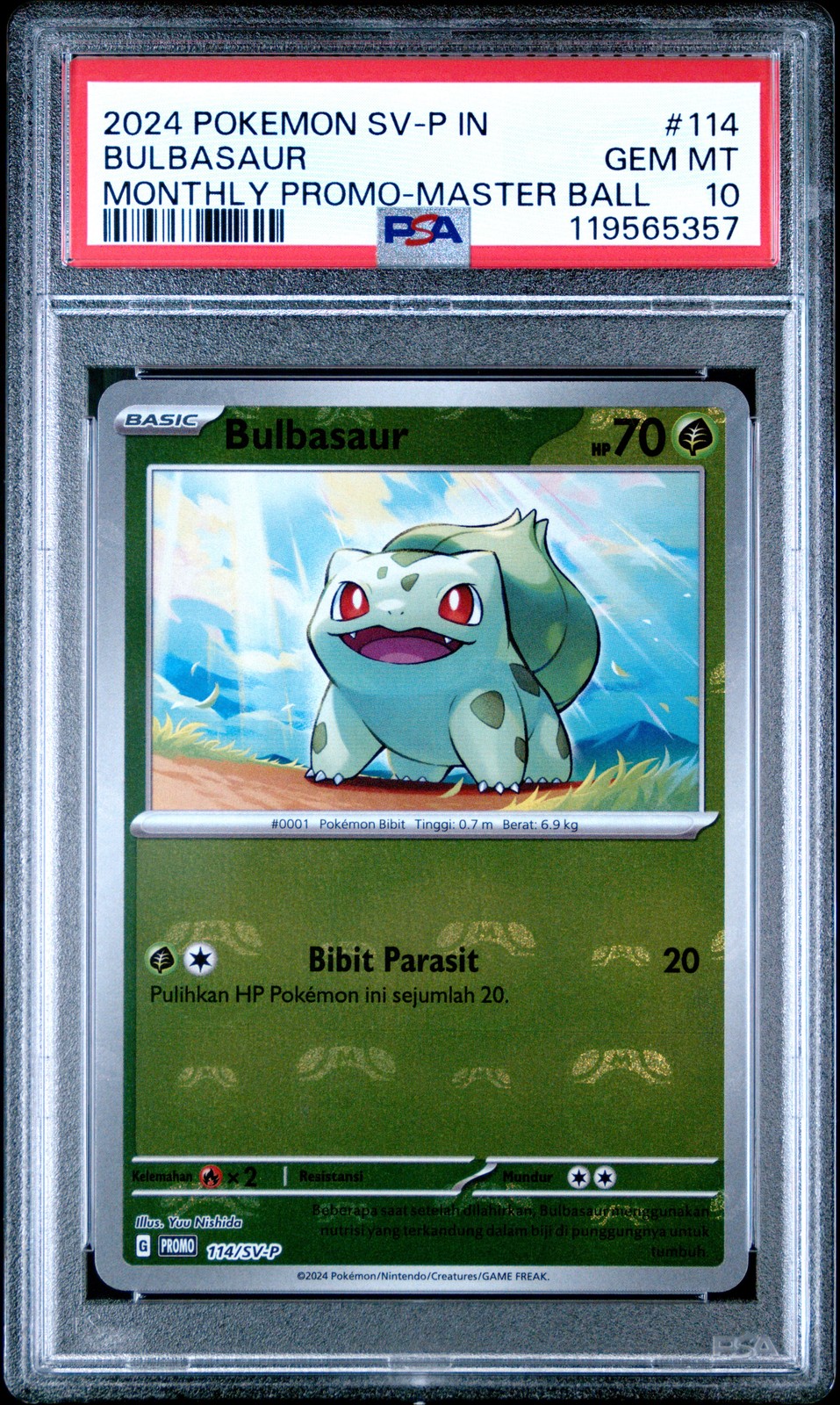 2024 POKEMON INDONESIAN SV-P PROMO MONTHLY PROMO-MASTER BALL BULBASAUR PSA 10 - Image 1