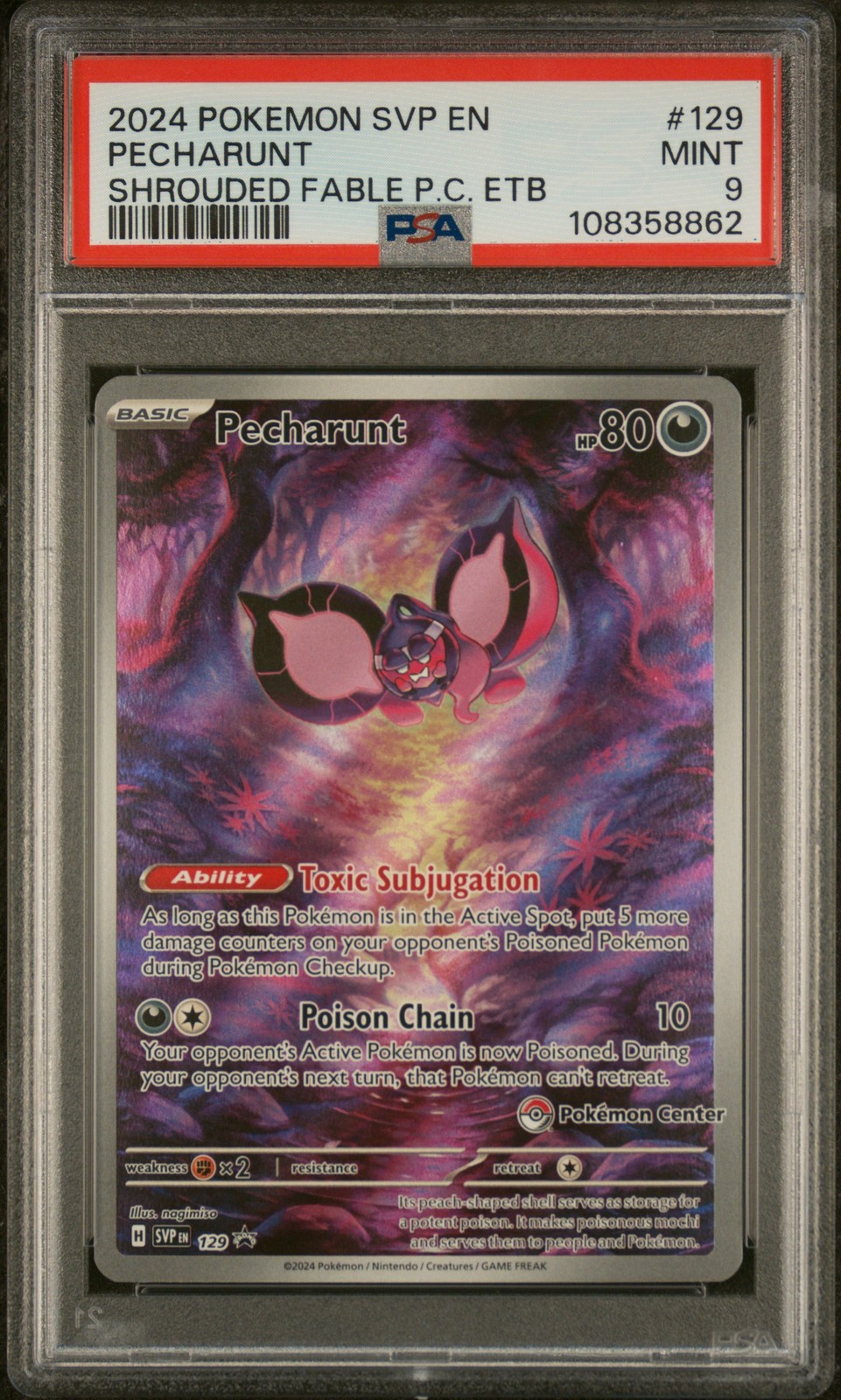 2024 POKEMON SHROUDED FABLE POKEMON CENTER ETB PROMO #129 PECHARUNT PSA 9
