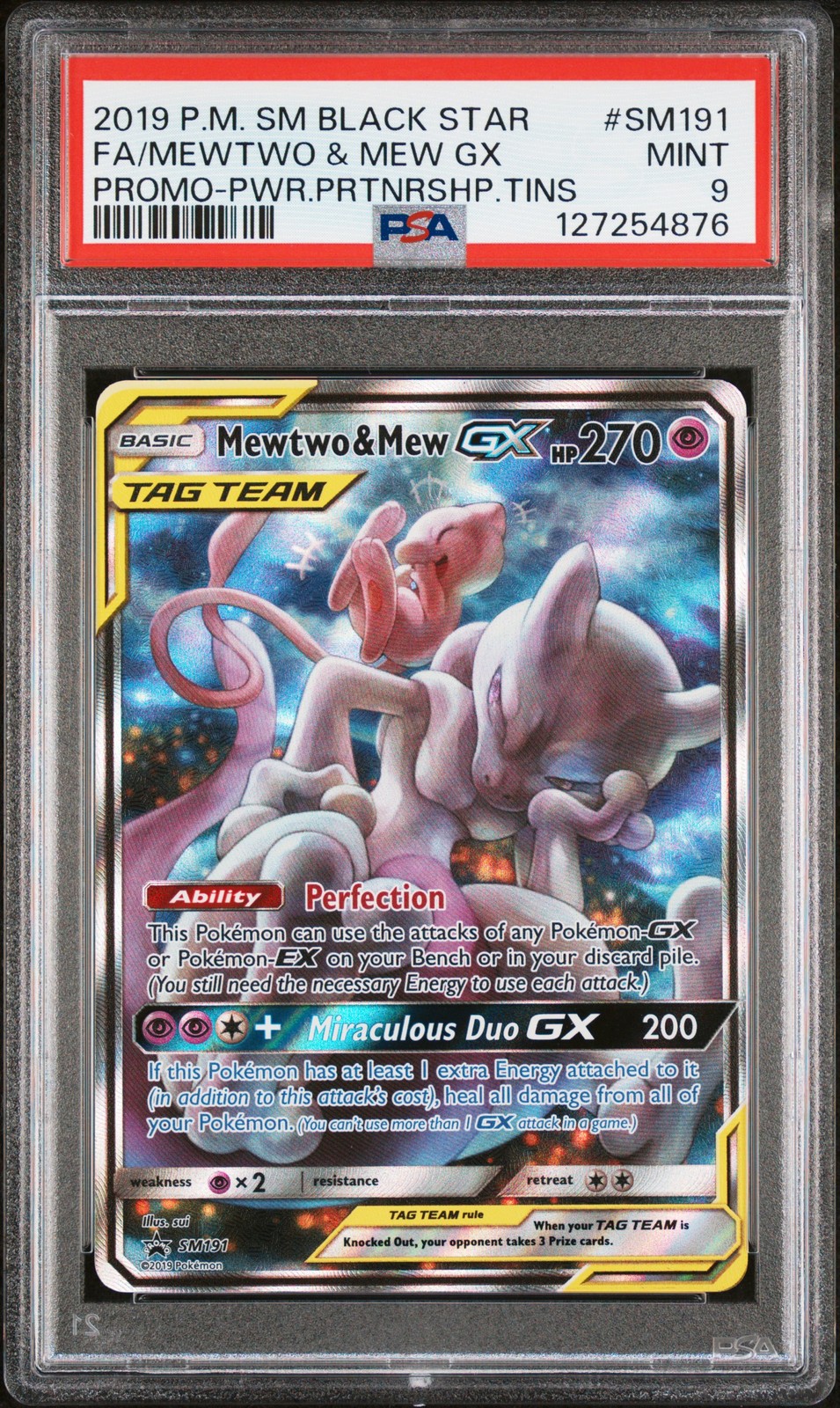 2019 POKEMON SM BLACK STAR PROMO #SM191 FULL ART/MEWTWO & MEW GX PSA 9 - Image 1
